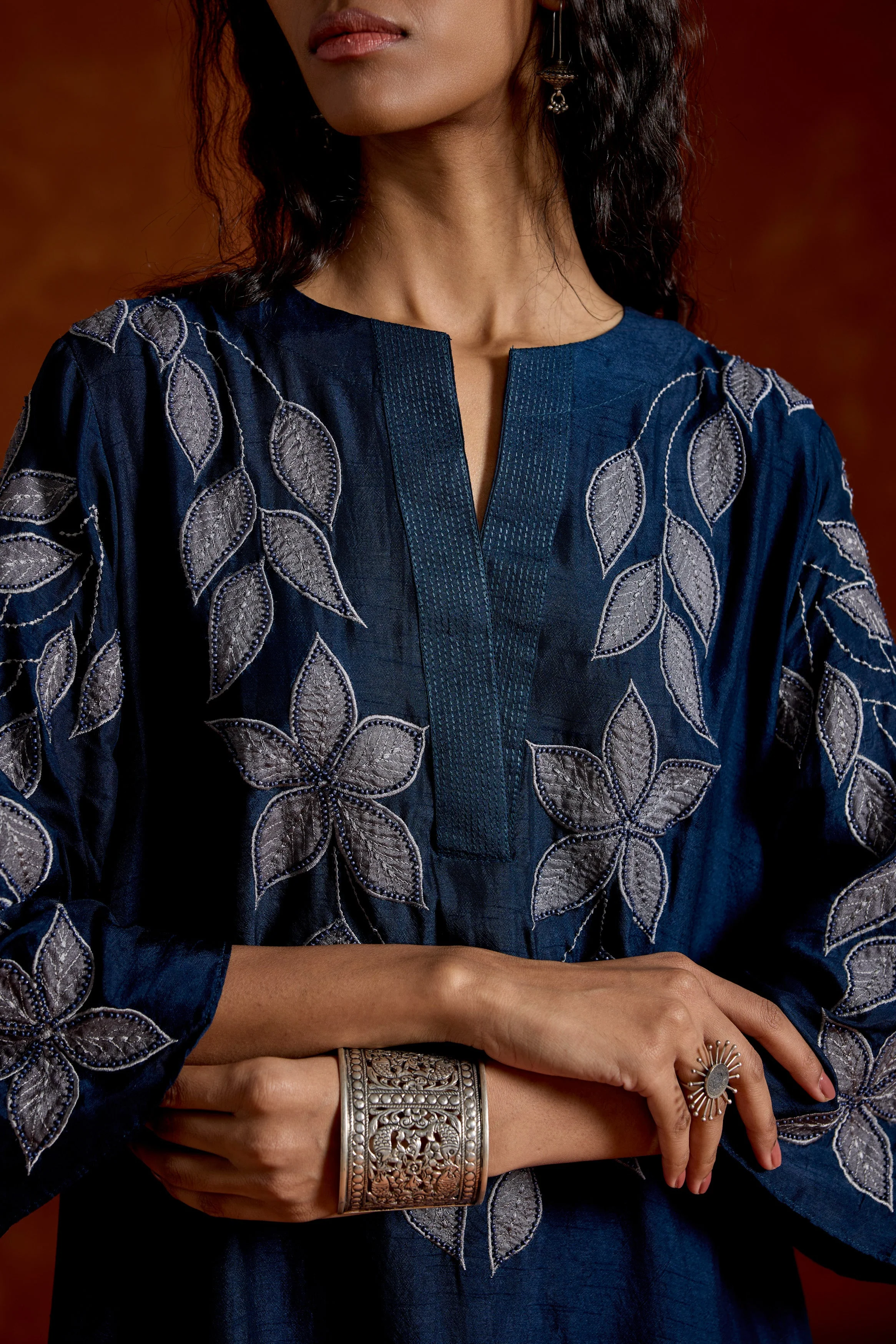 Midnight Blue Embellished Raw SiIk Kurta Set - Image 2