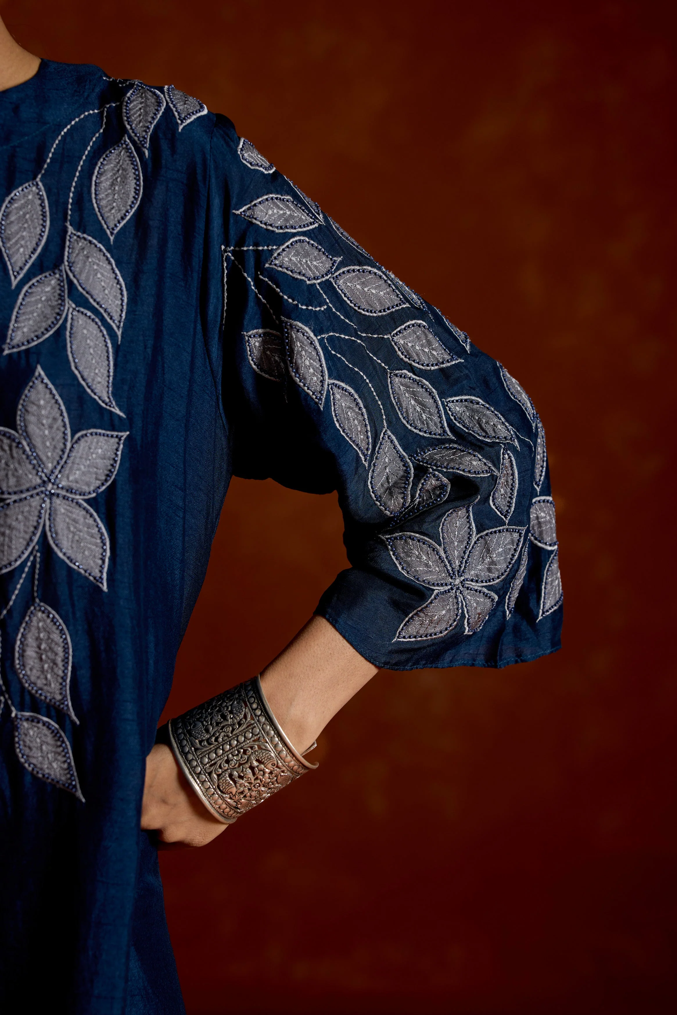 Midnight Blue Embellished Raw SiIk Kurta Set - Image 4
