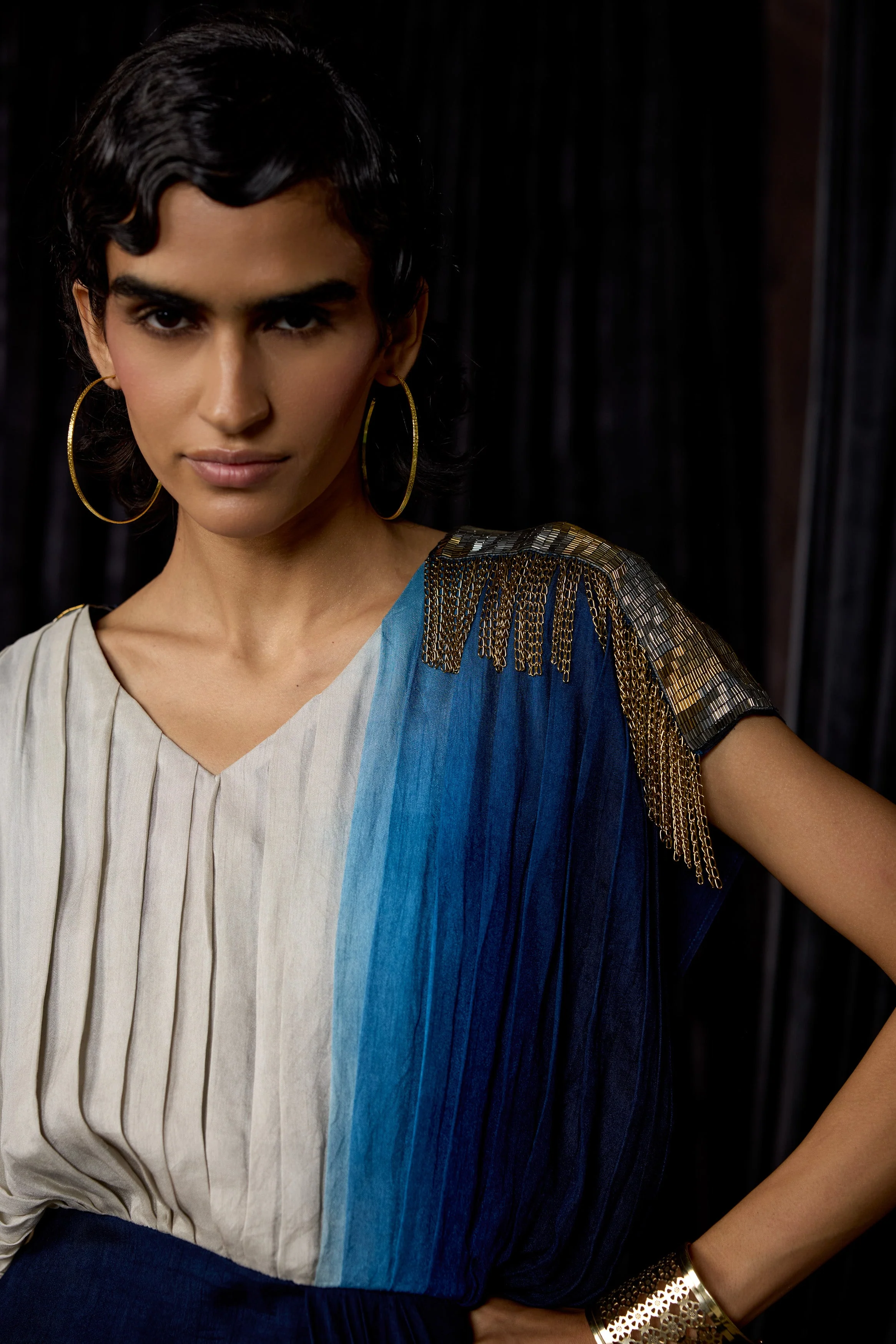 Navy Blue Embellished Raw Silk Dress - Image 2