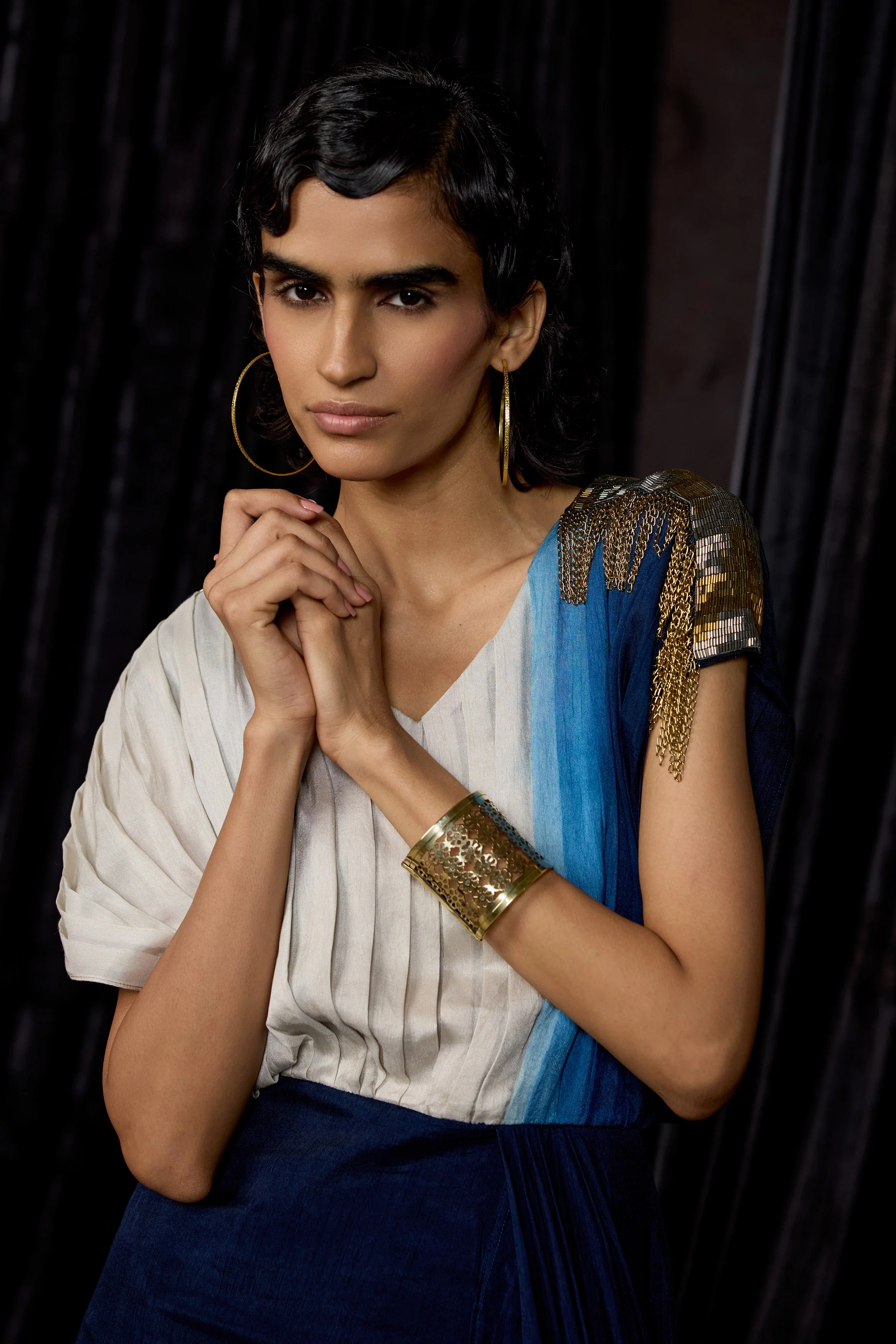 Navy Blue Embellished Raw Silk Dress - Image 3
