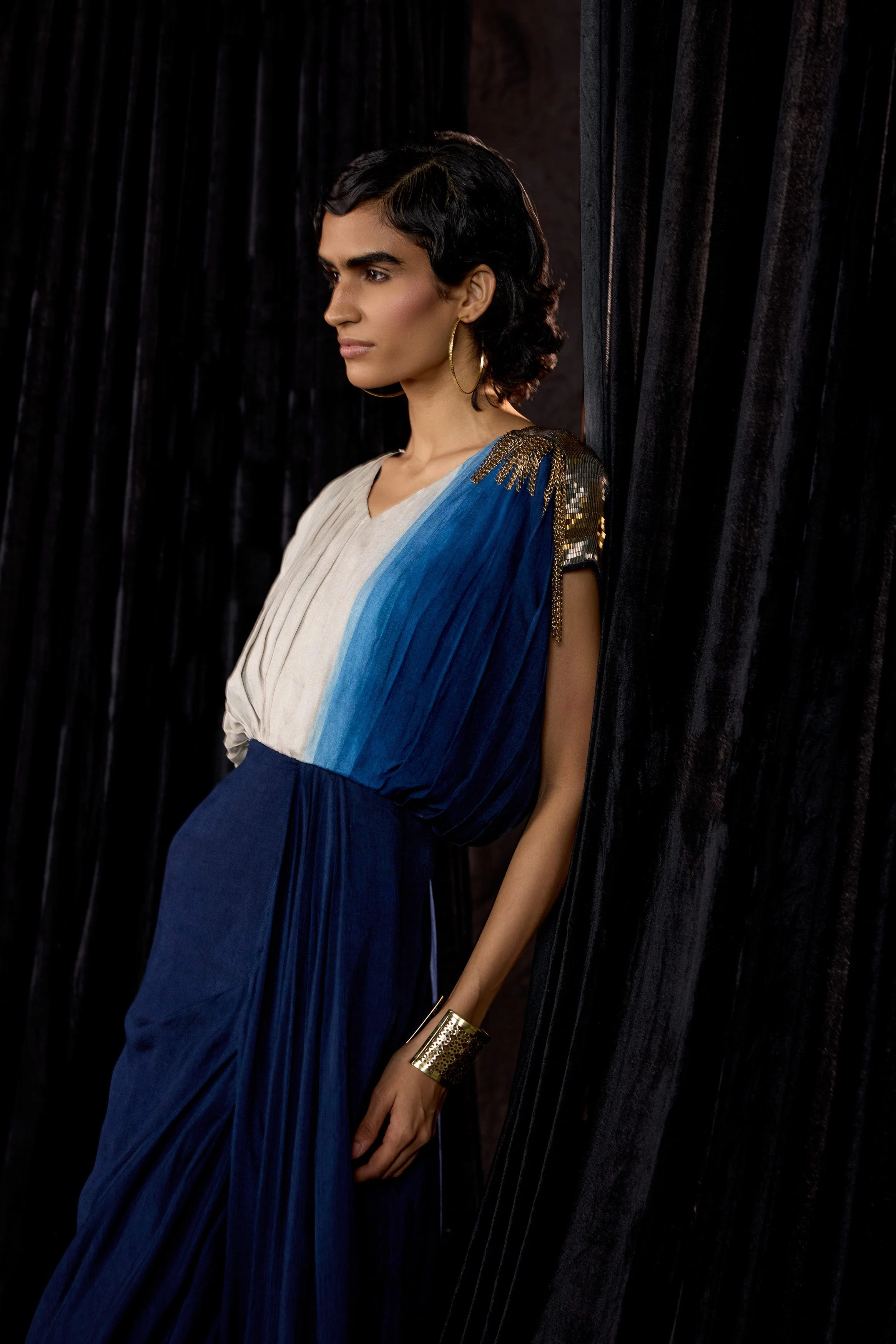 Navy Blue Embellished Raw Silk Dress - Image 4