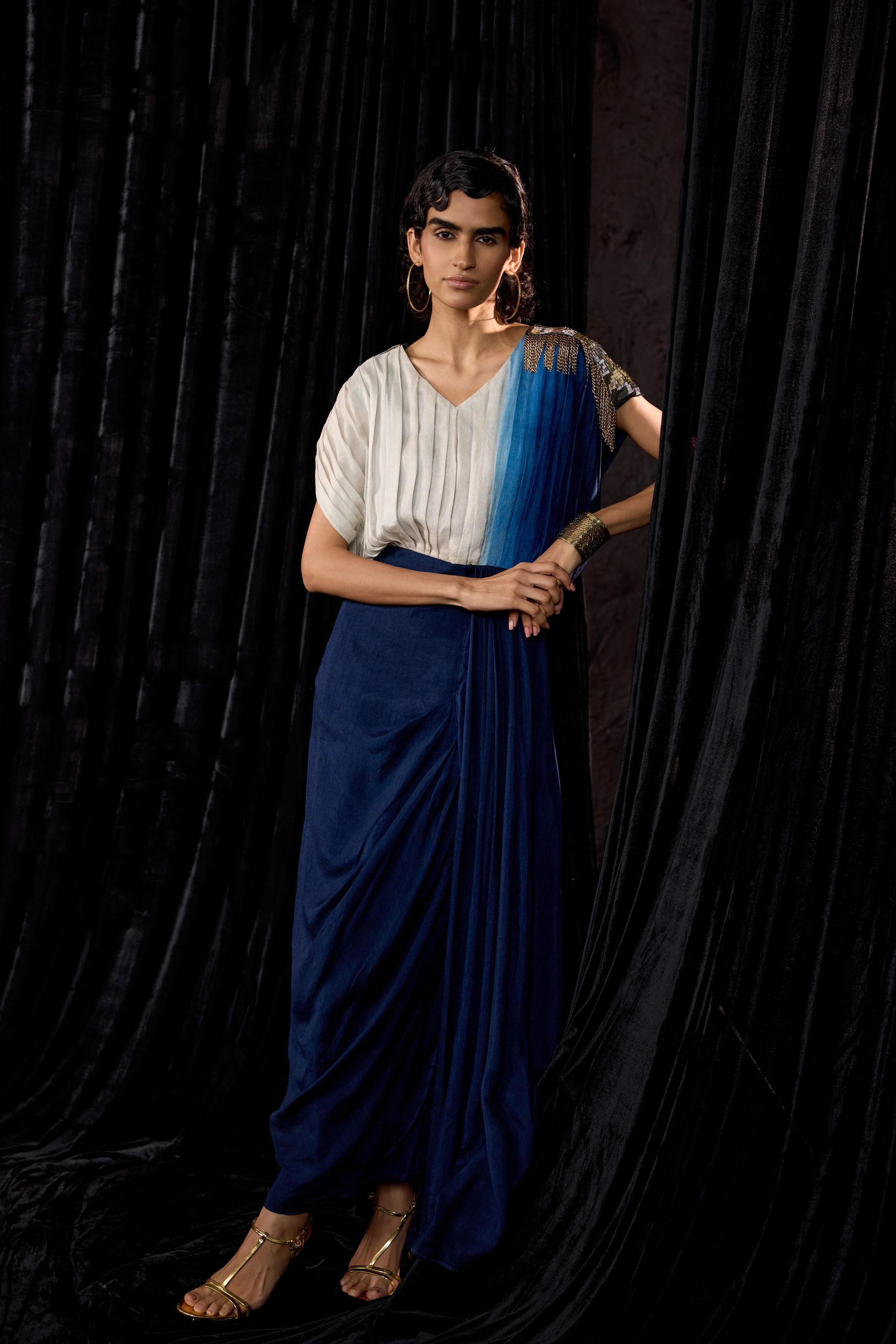Navy Blue Embellished Raw Silk Dress - Image 5