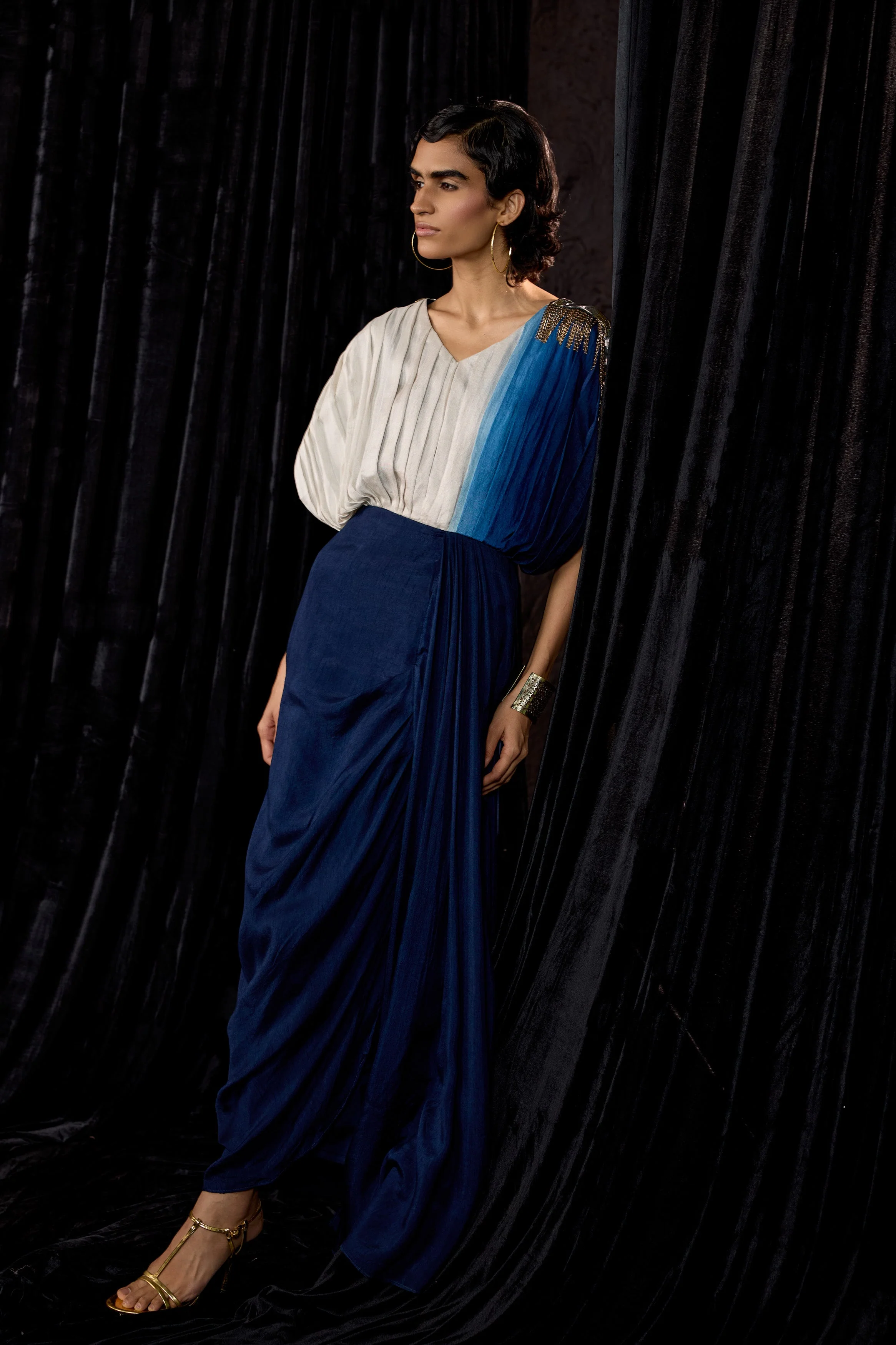Navy Blue Embellished Raw Silk Dress - Image 6