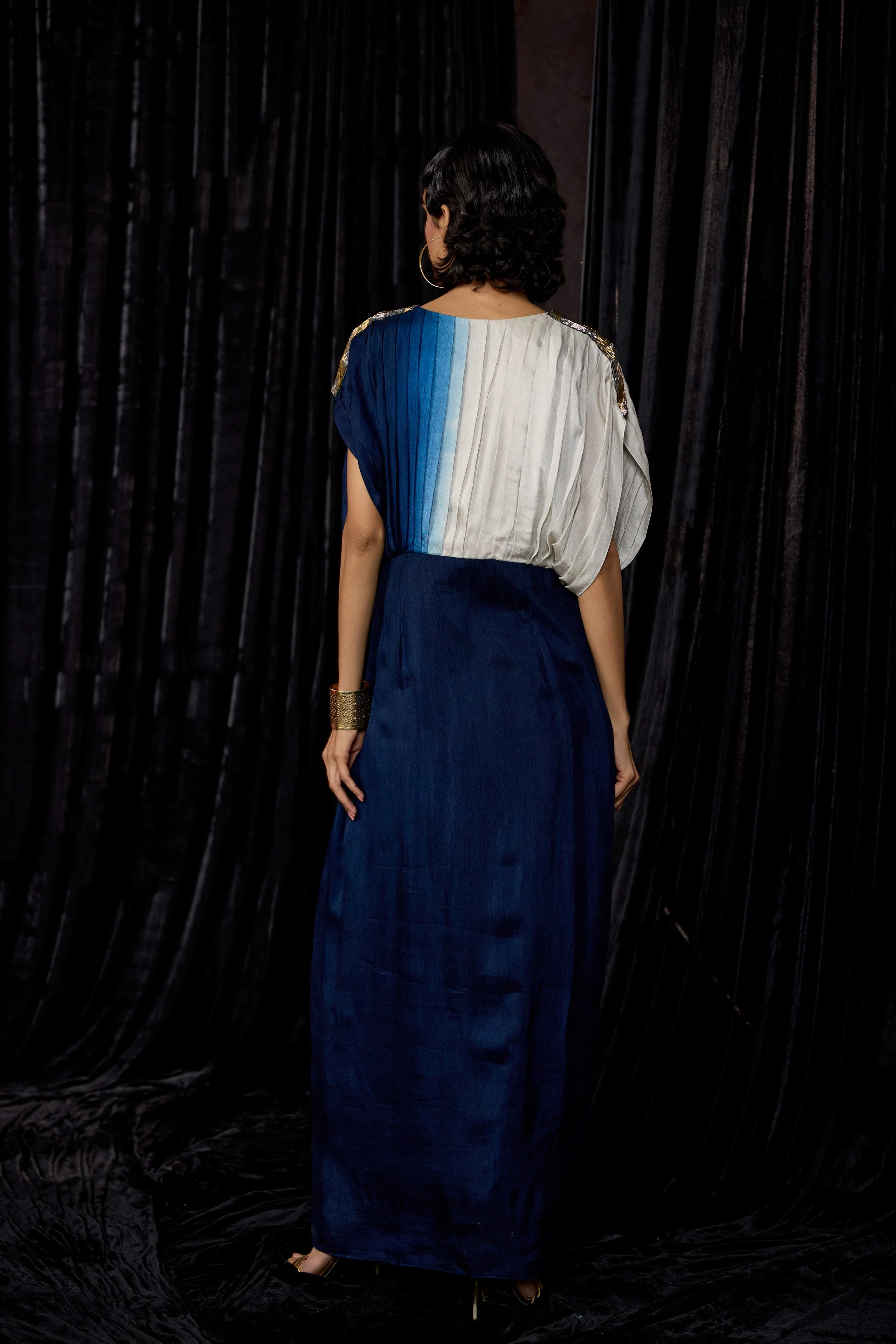 Navy Blue Embellished Raw Silk Dress - Image 7