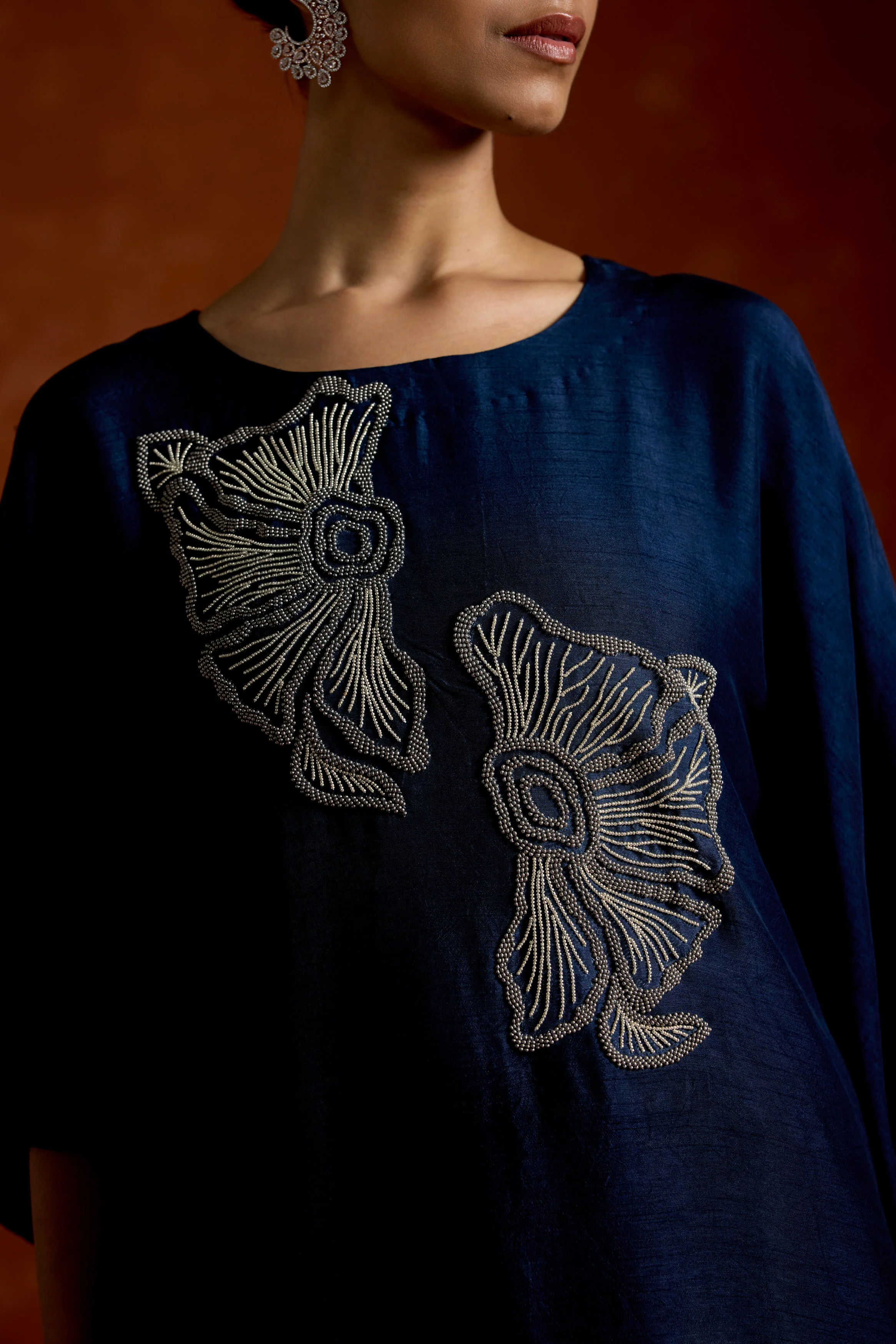 Navy Blue Embellished Raw Silk Kaftan Set - Image 2