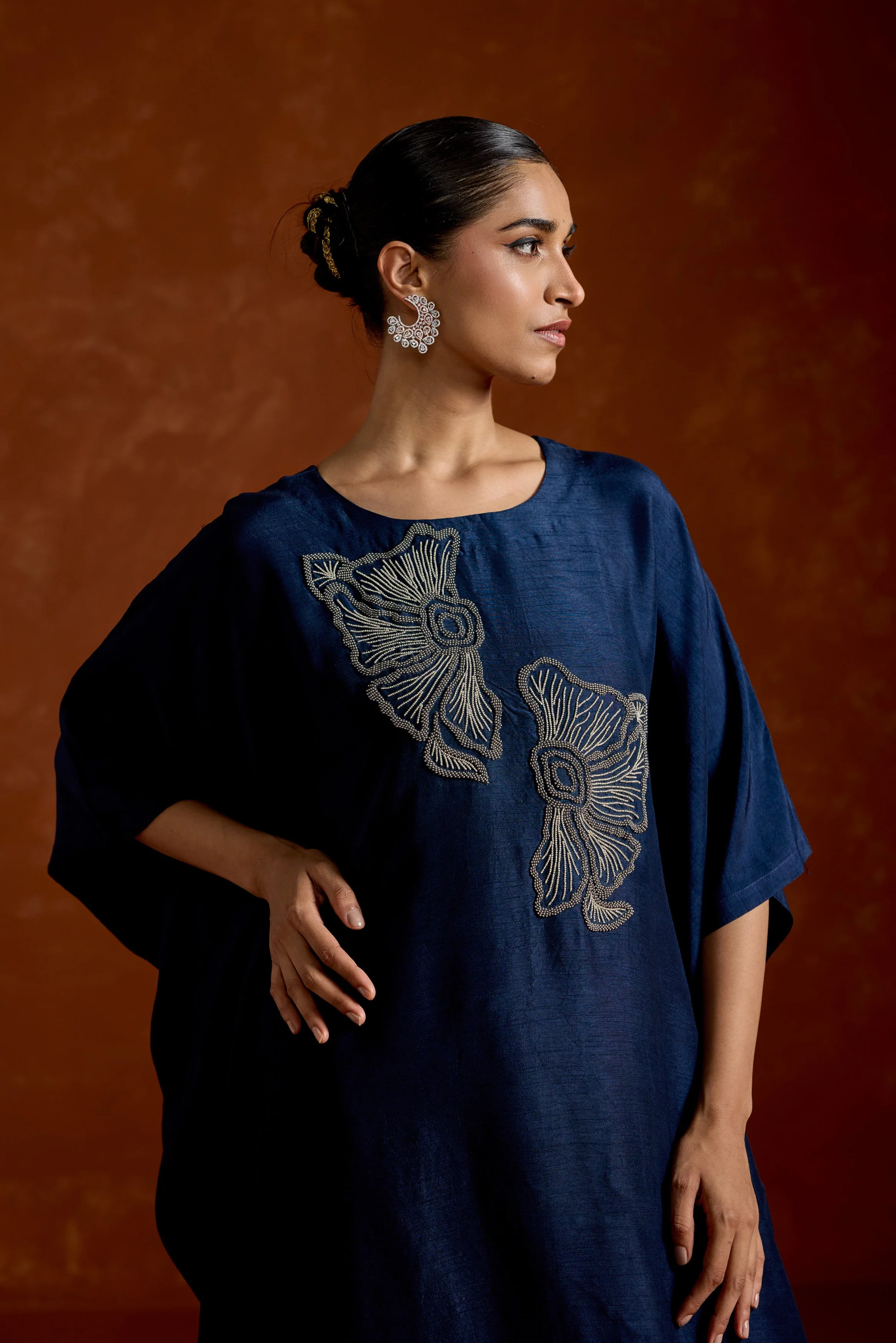 Navy Blue Embellished Raw Silk Kaftan Set - Image 3