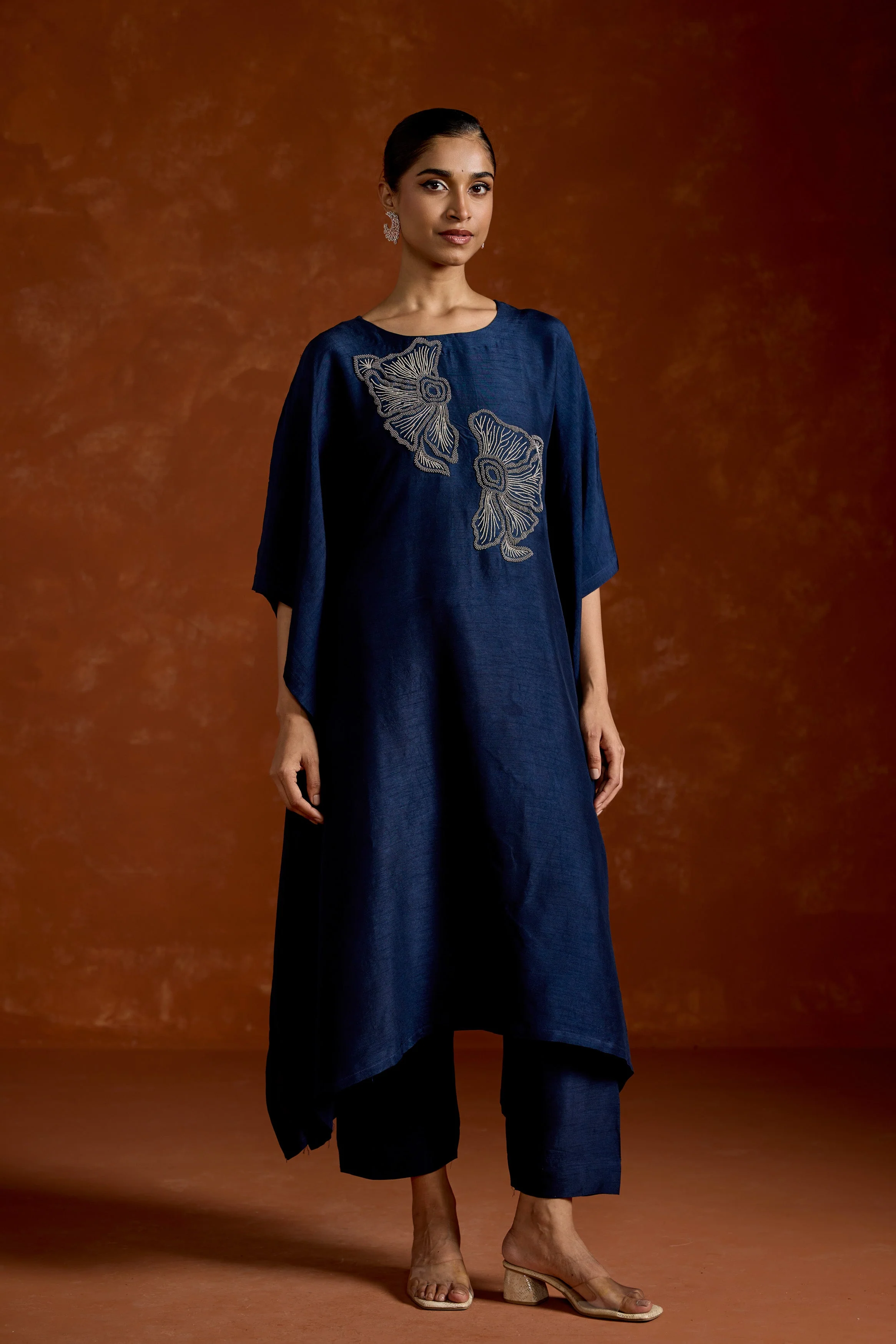 Navy Blue Embellished Raw Silk Kaftan Set - Image 4