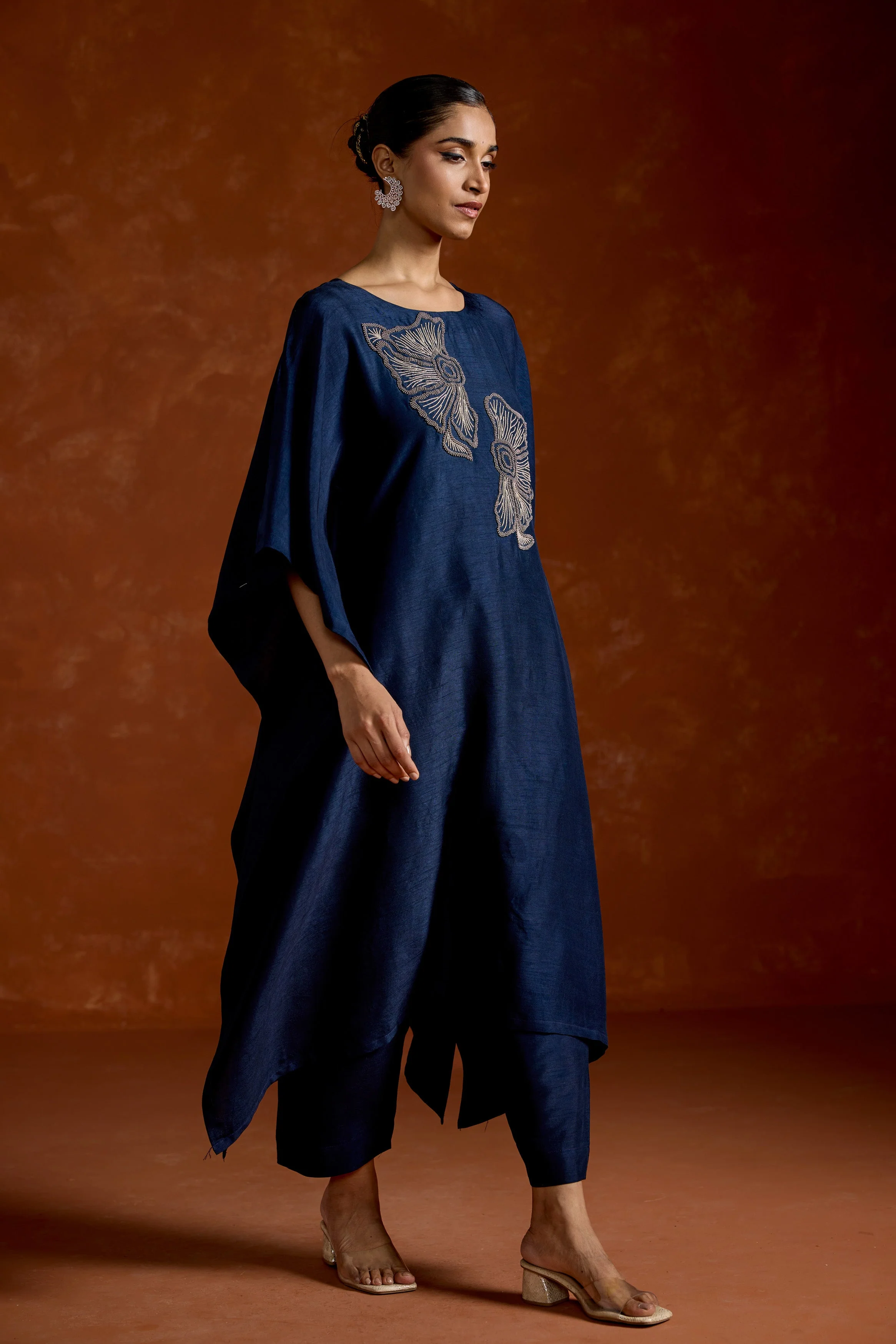 Navy Blue Embellished Raw Silk Kaftan Set - Image 5