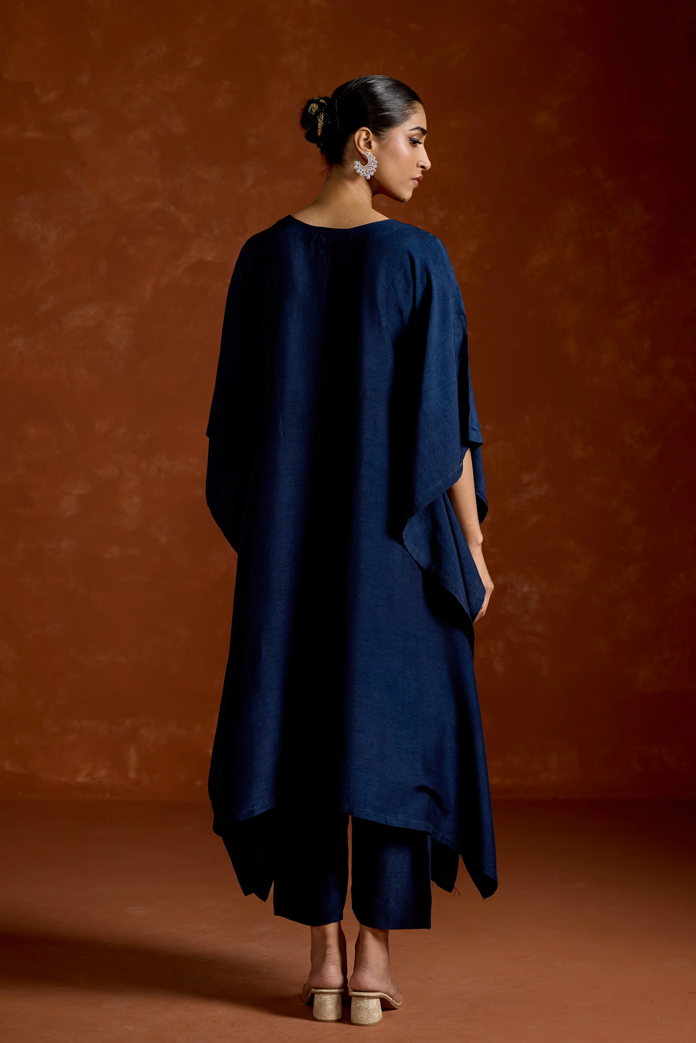 Navy Blue Embellished Raw Silk Kaftan Set - Image 6