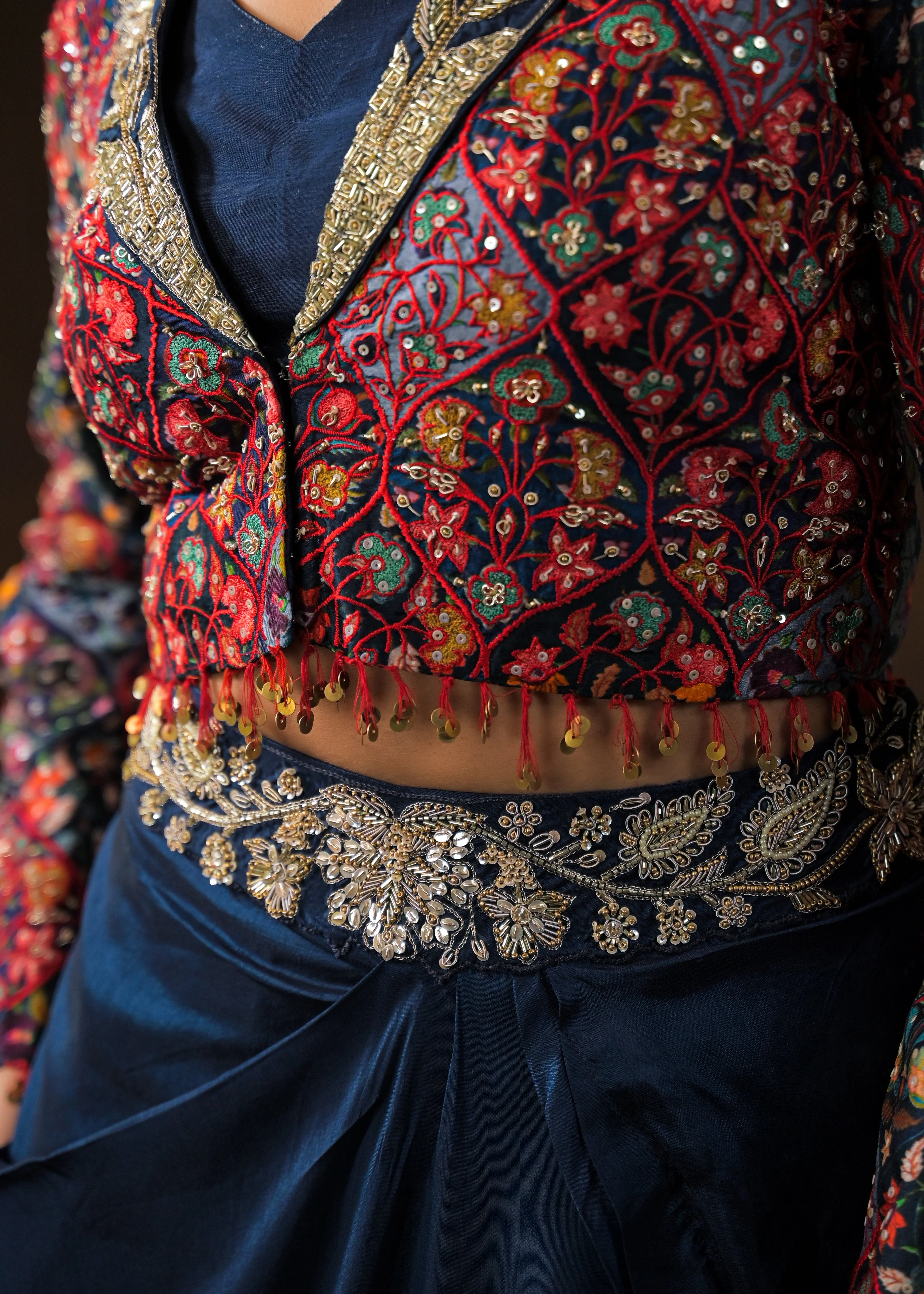 Cosmos Blue Embellished Raw Silk Skirt Set - Image 3