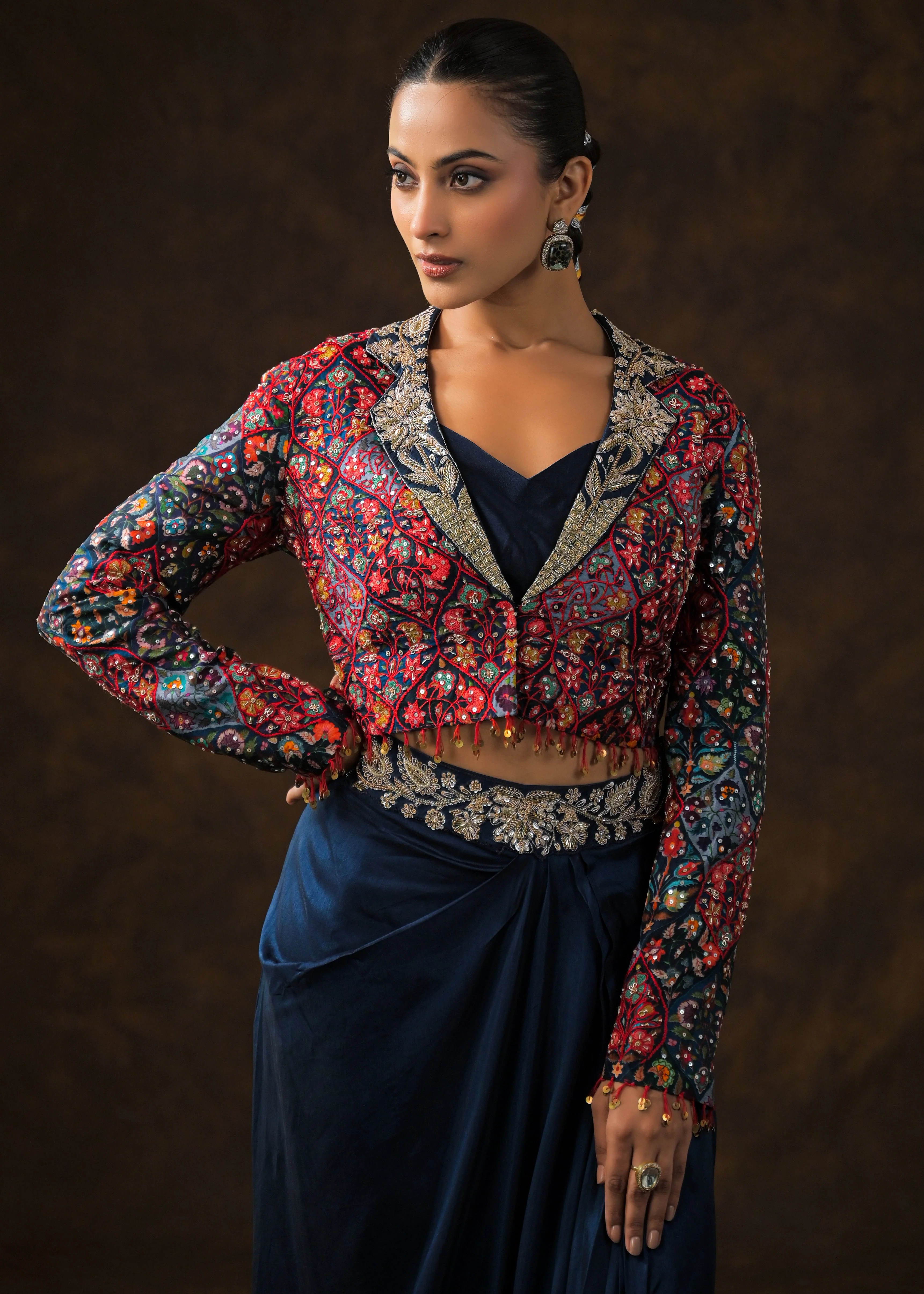 Cosmos Blue Embellished Raw Silk Skirt Set - Image 4