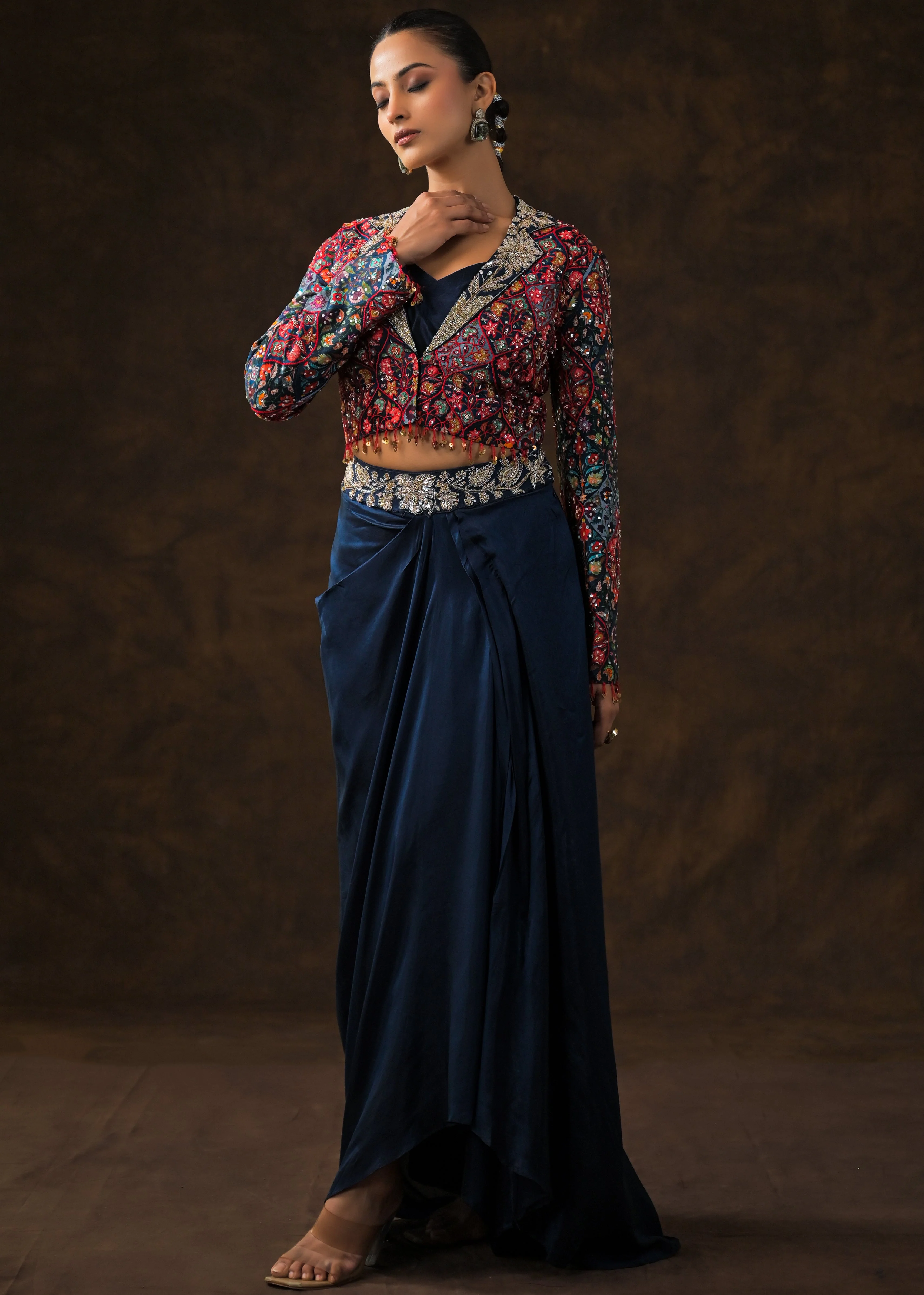 Cosmos Blue Embellished Raw Silk Skirt Set - Image 5
