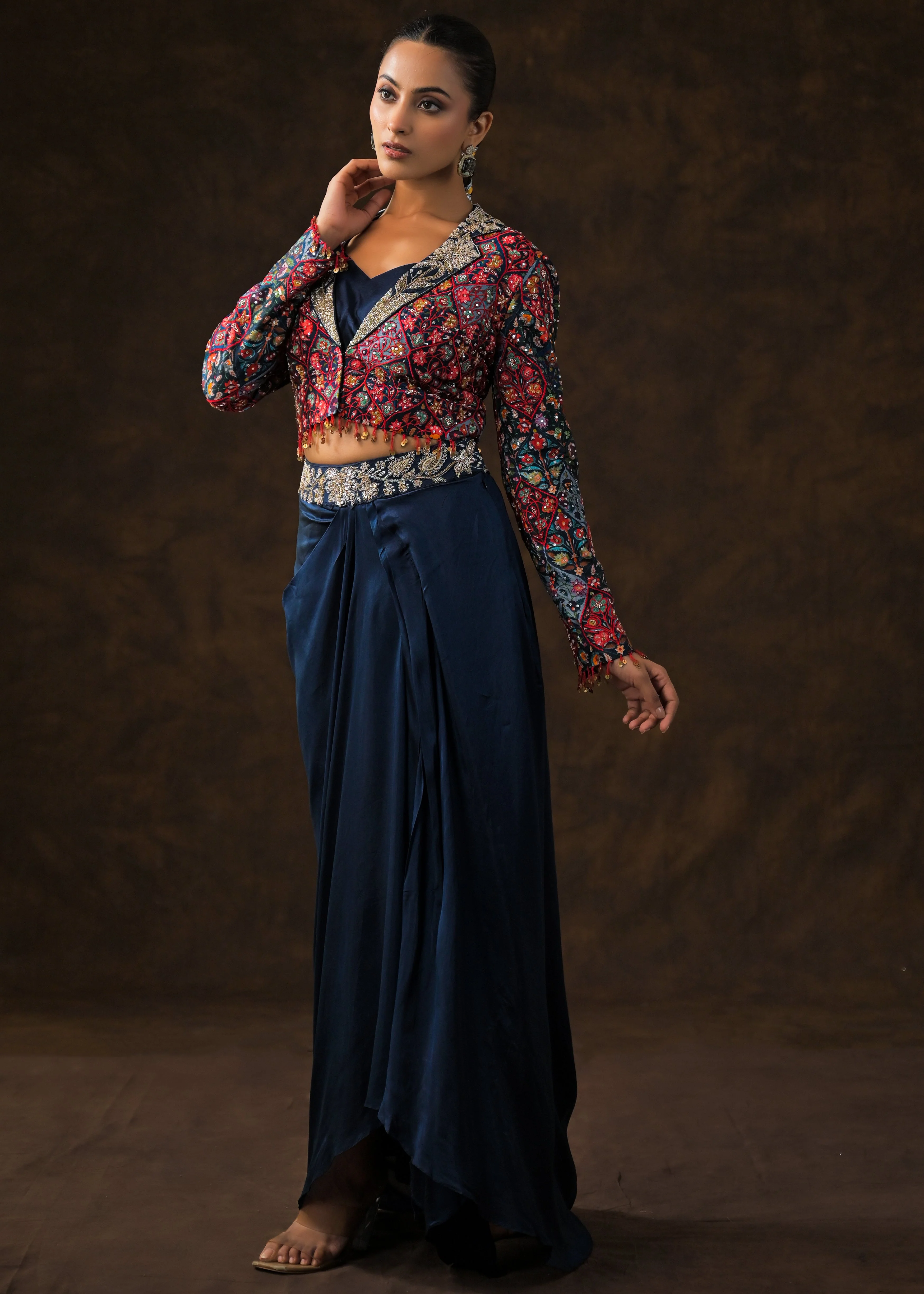Cosmos Blue Embellished Raw Silk Skirt Set - Image 6