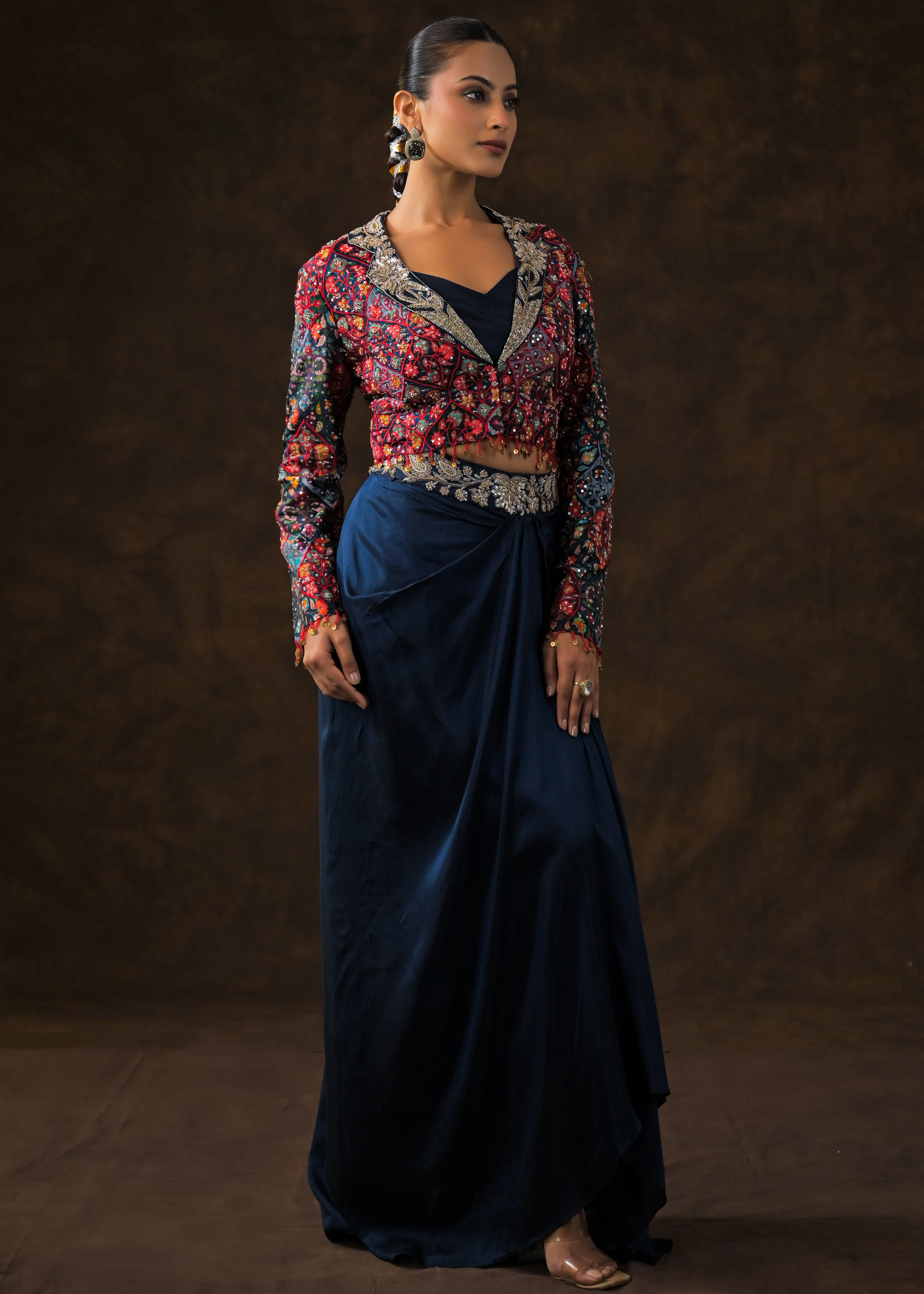 Cosmos Blue Embellished Raw Silk Skirt Set - Image 7