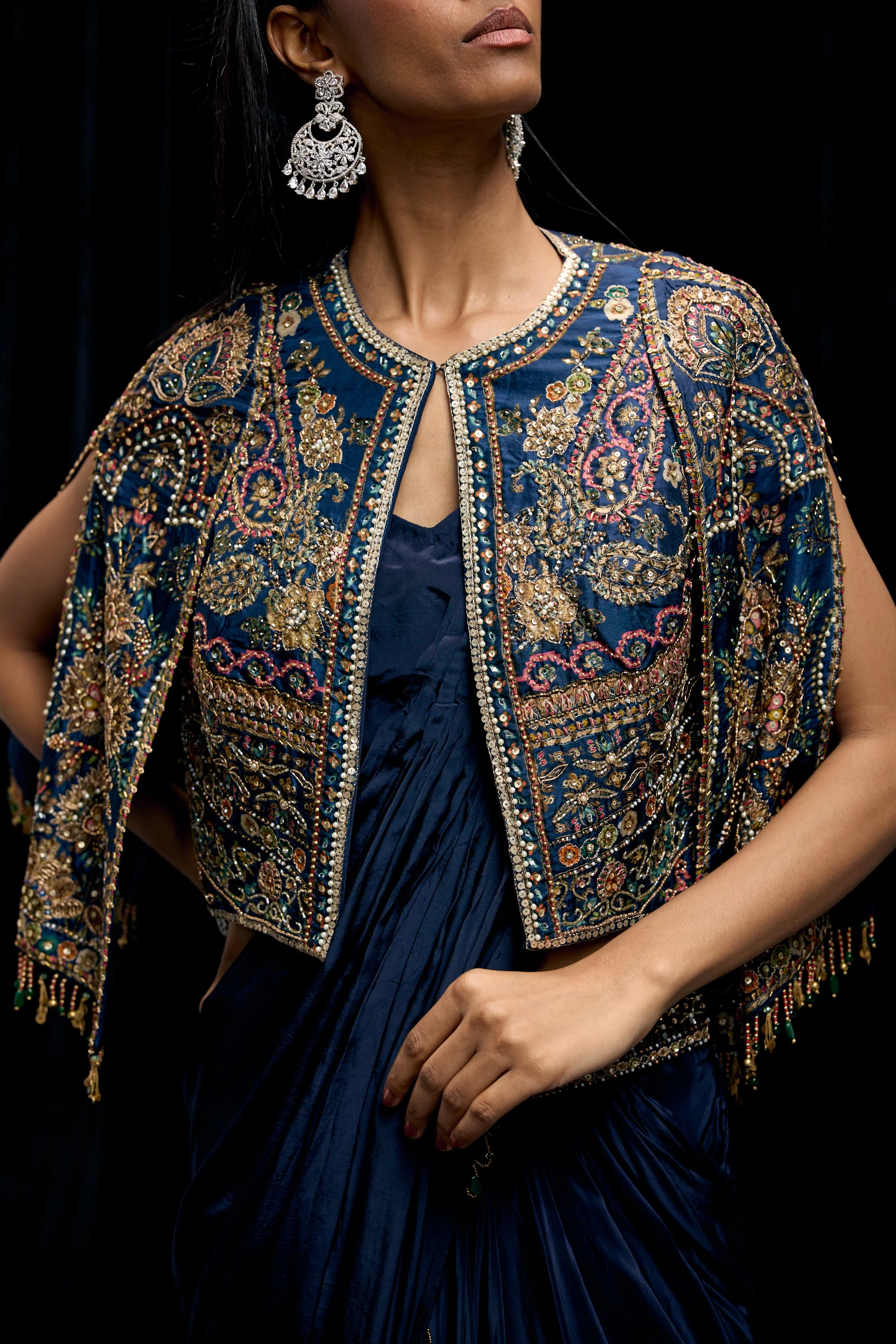 Eclipse Blue Embellished Satin Silk Draped Saree - Image 2