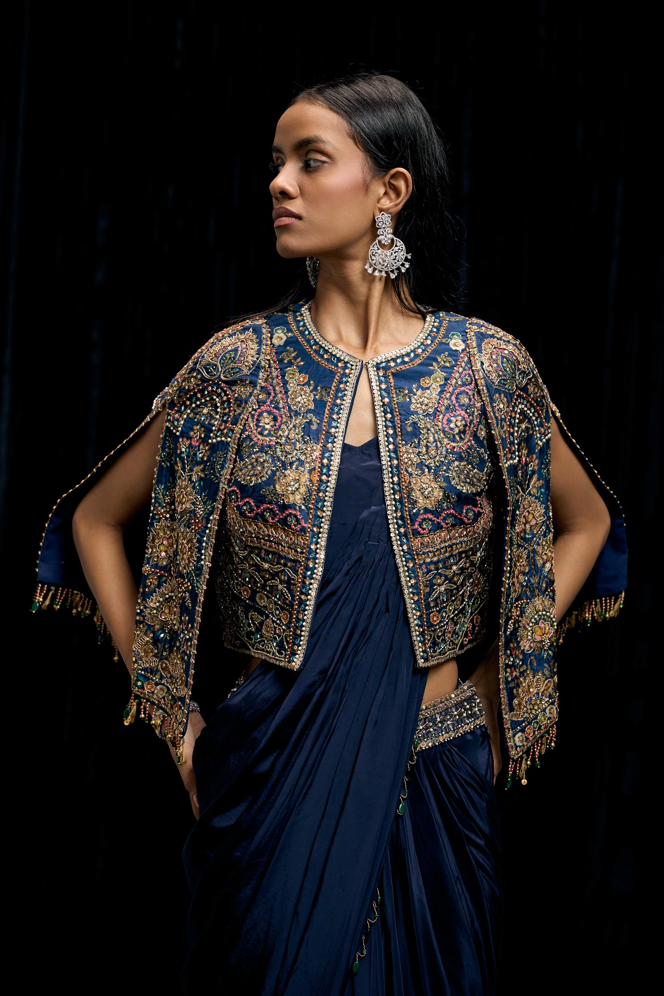 Eclipse Blue Embellished Satin Silk Draped Saree - Image 3
