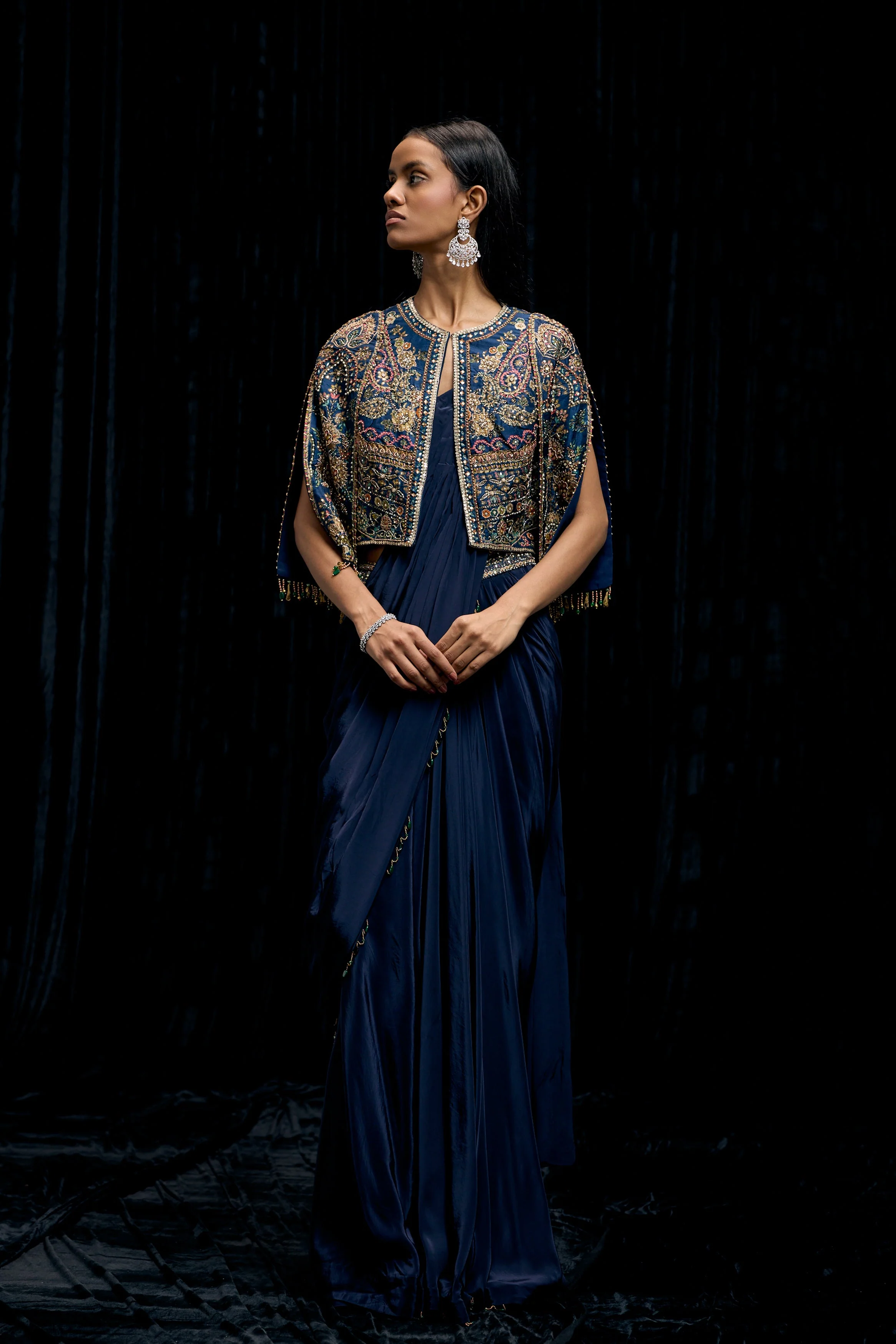 Eclipse Blue Embellished Satin Silk Draped Saree - Image 4
