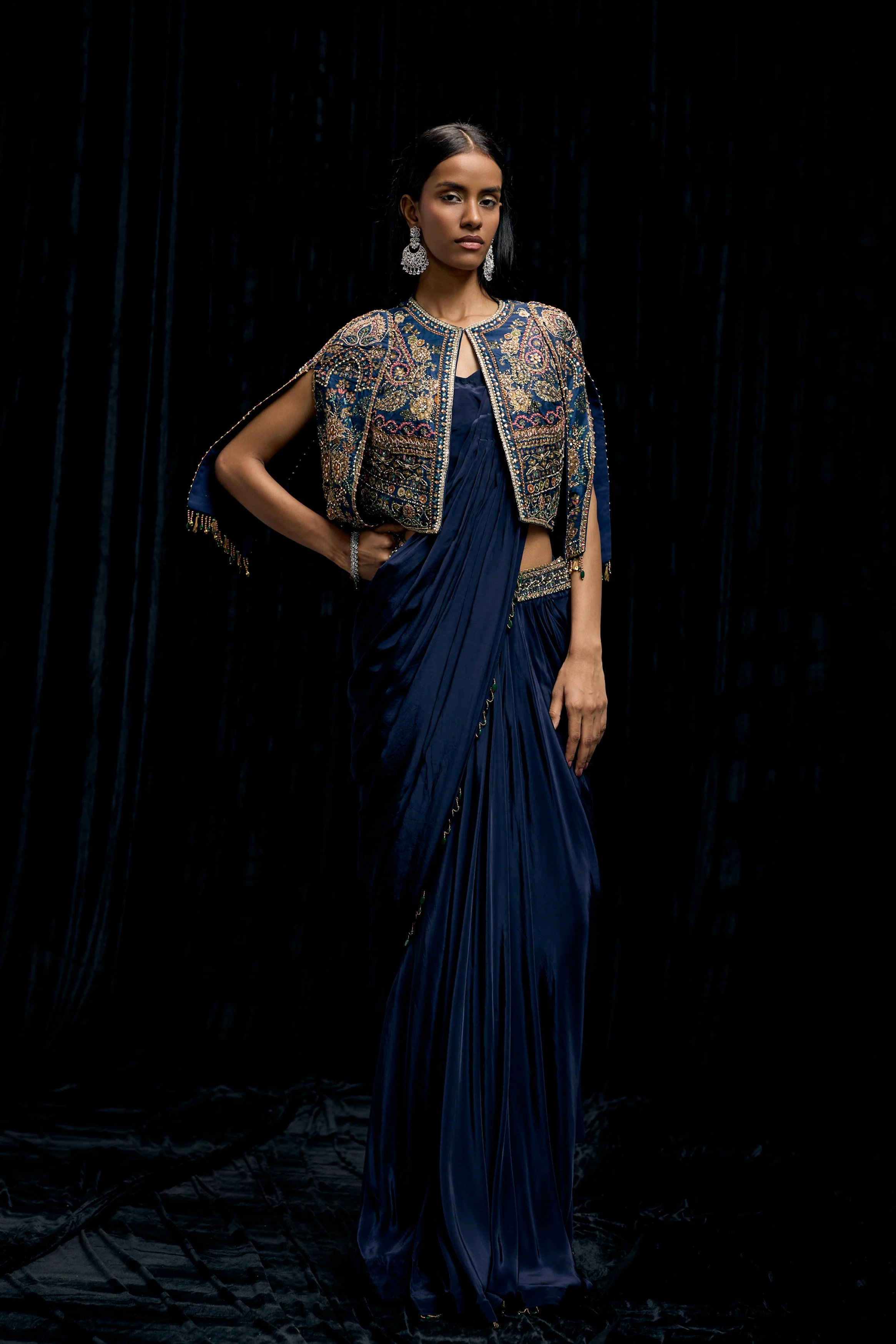 Eclipse Blue Embellished Satin Silk Draped Saree - Image 5