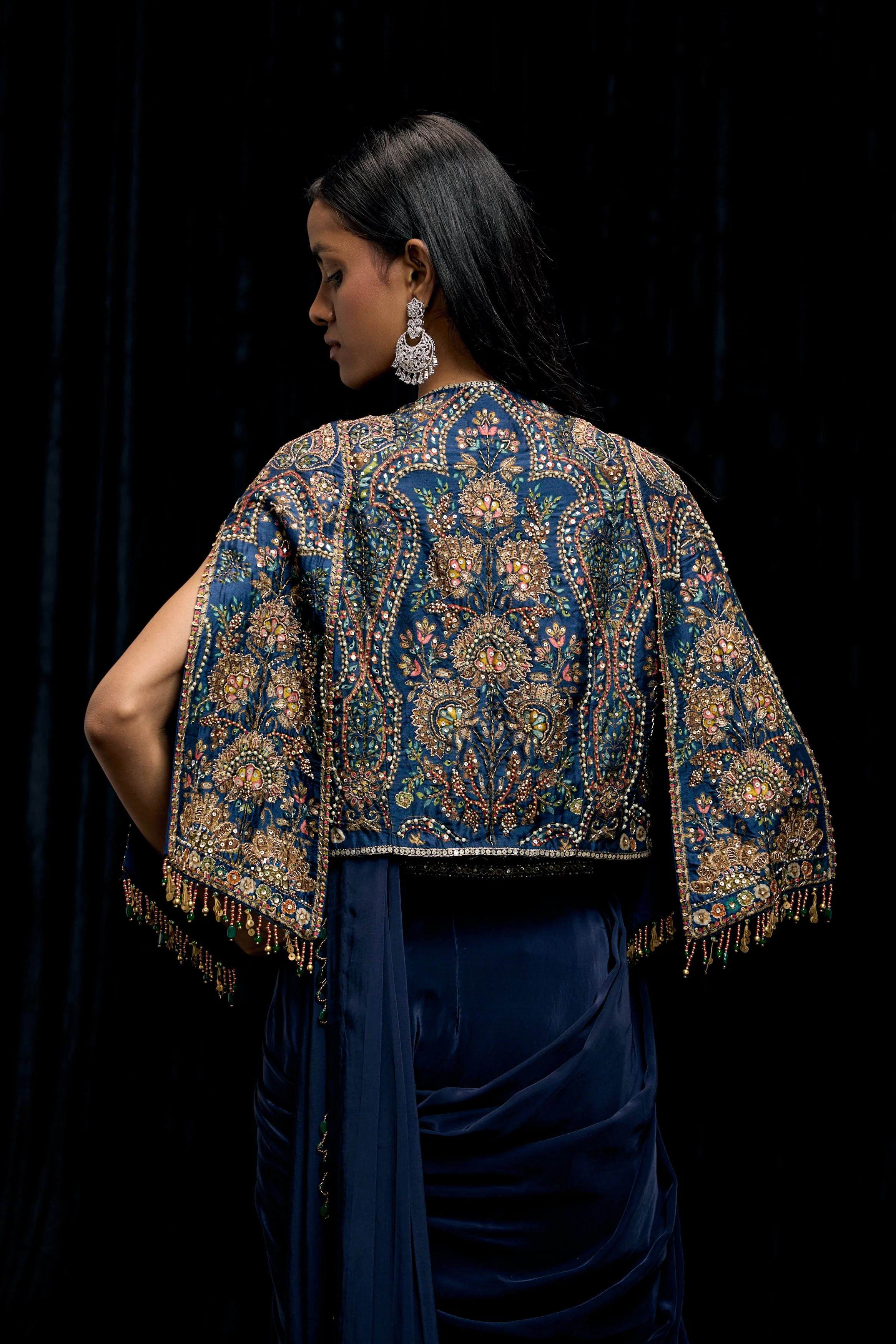 Eclipse Blue Embellished Satin Silk Draped Saree - Image 6