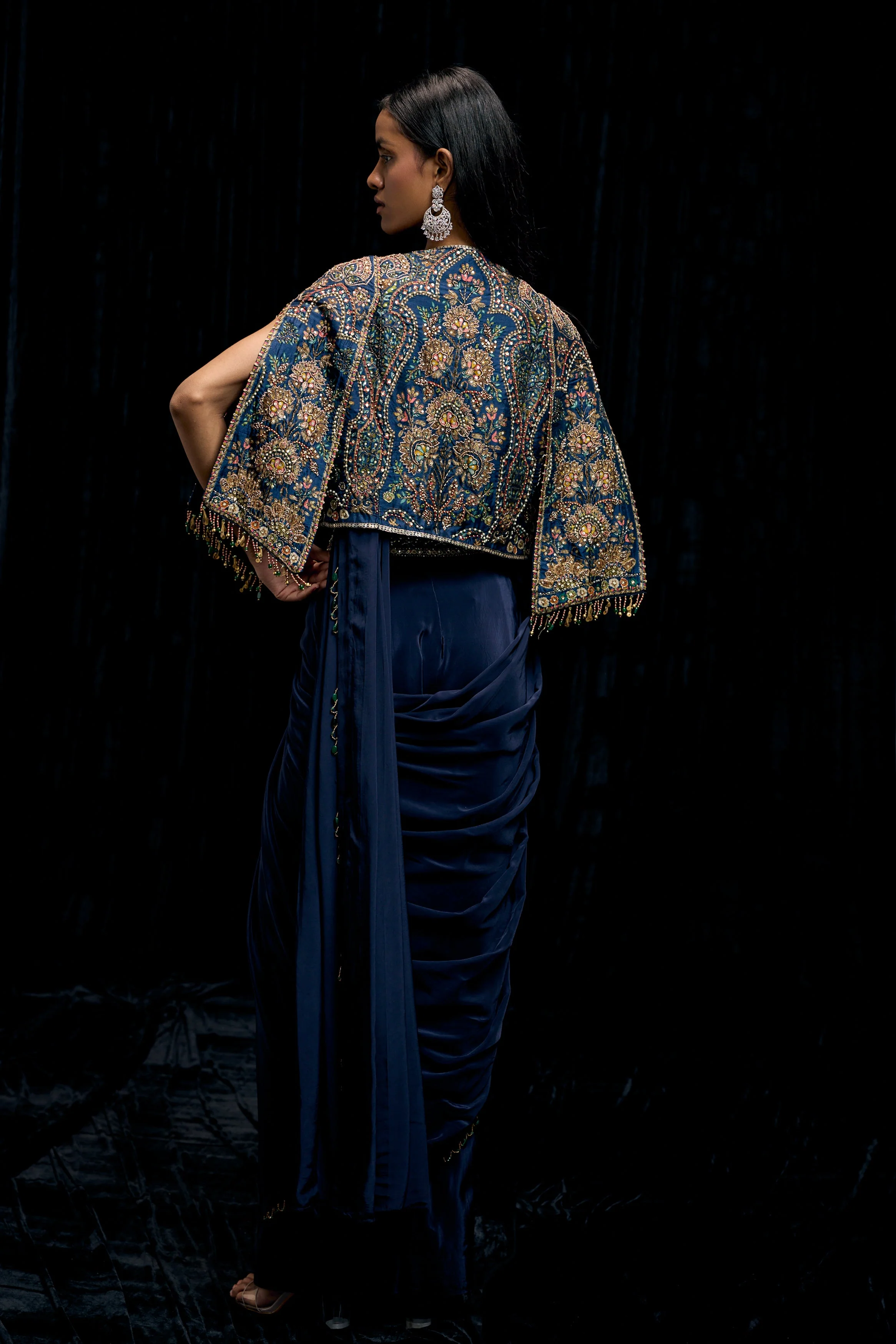 Eclipse Blue Embellished Satin Silk Draped Saree - Image 7