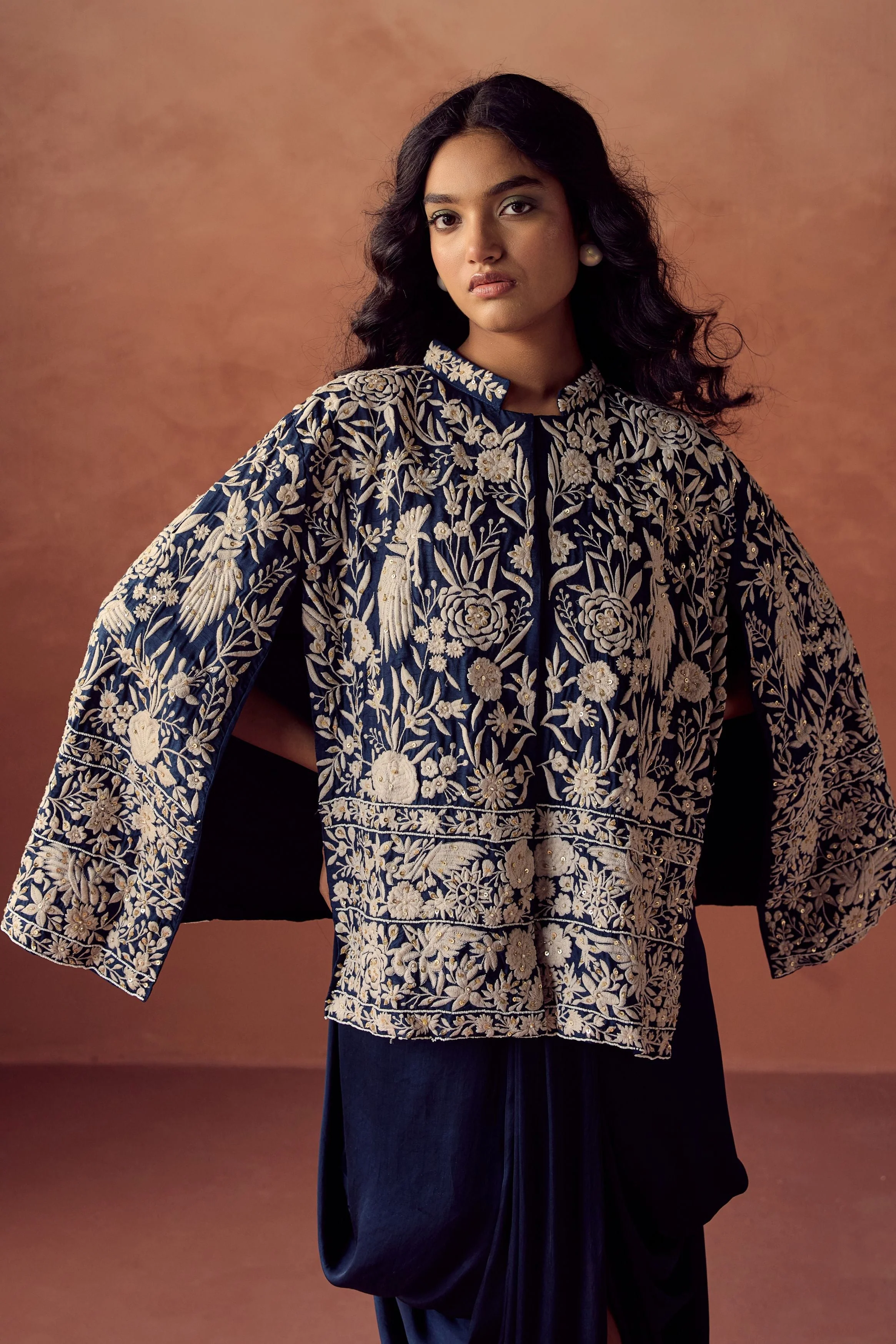 Navy Blue Embroidered Satin Silk Skirt Set - Image 3