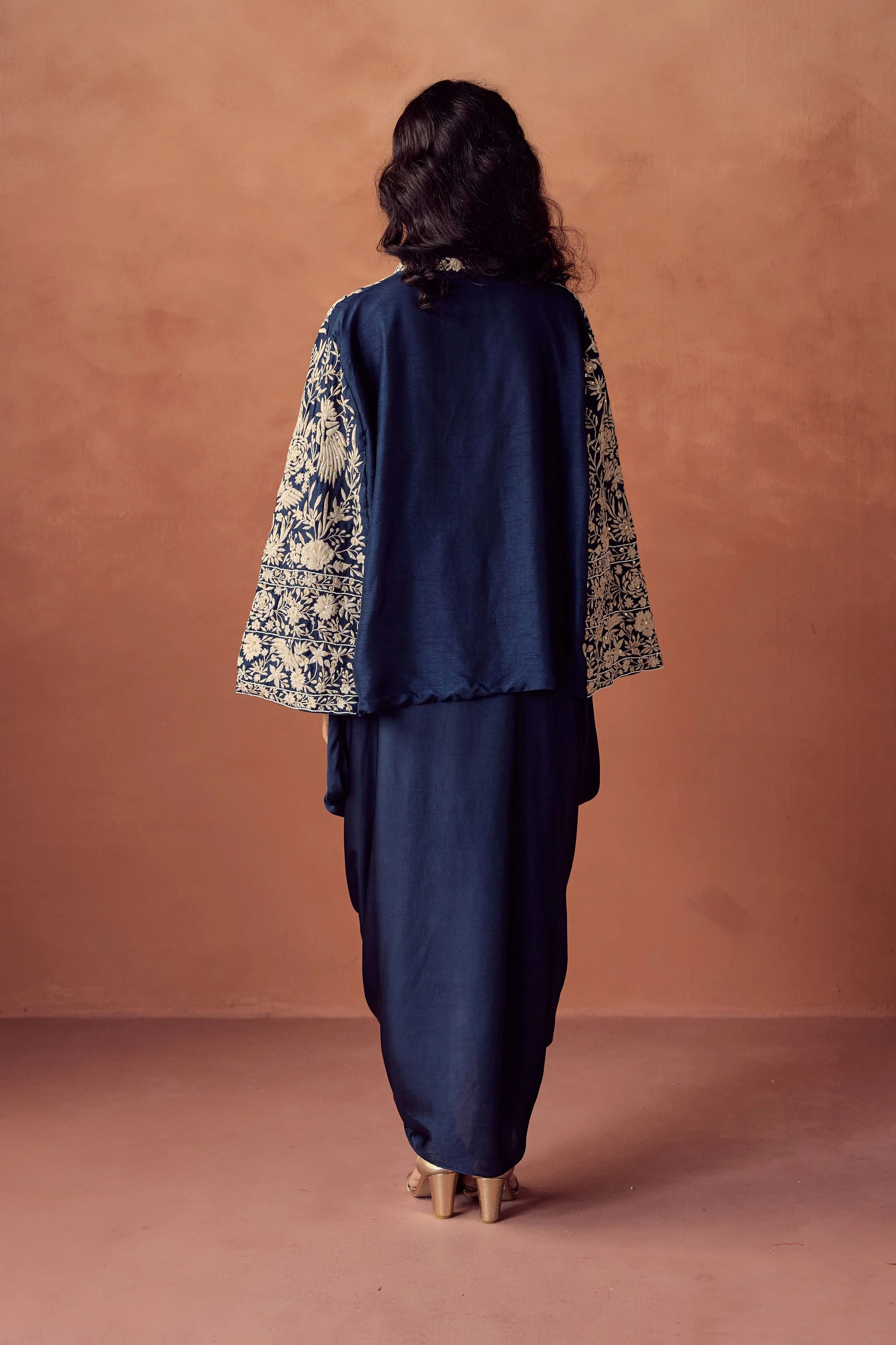 Navy Blue Embroidered Satin Silk Skirt Set - Image 4