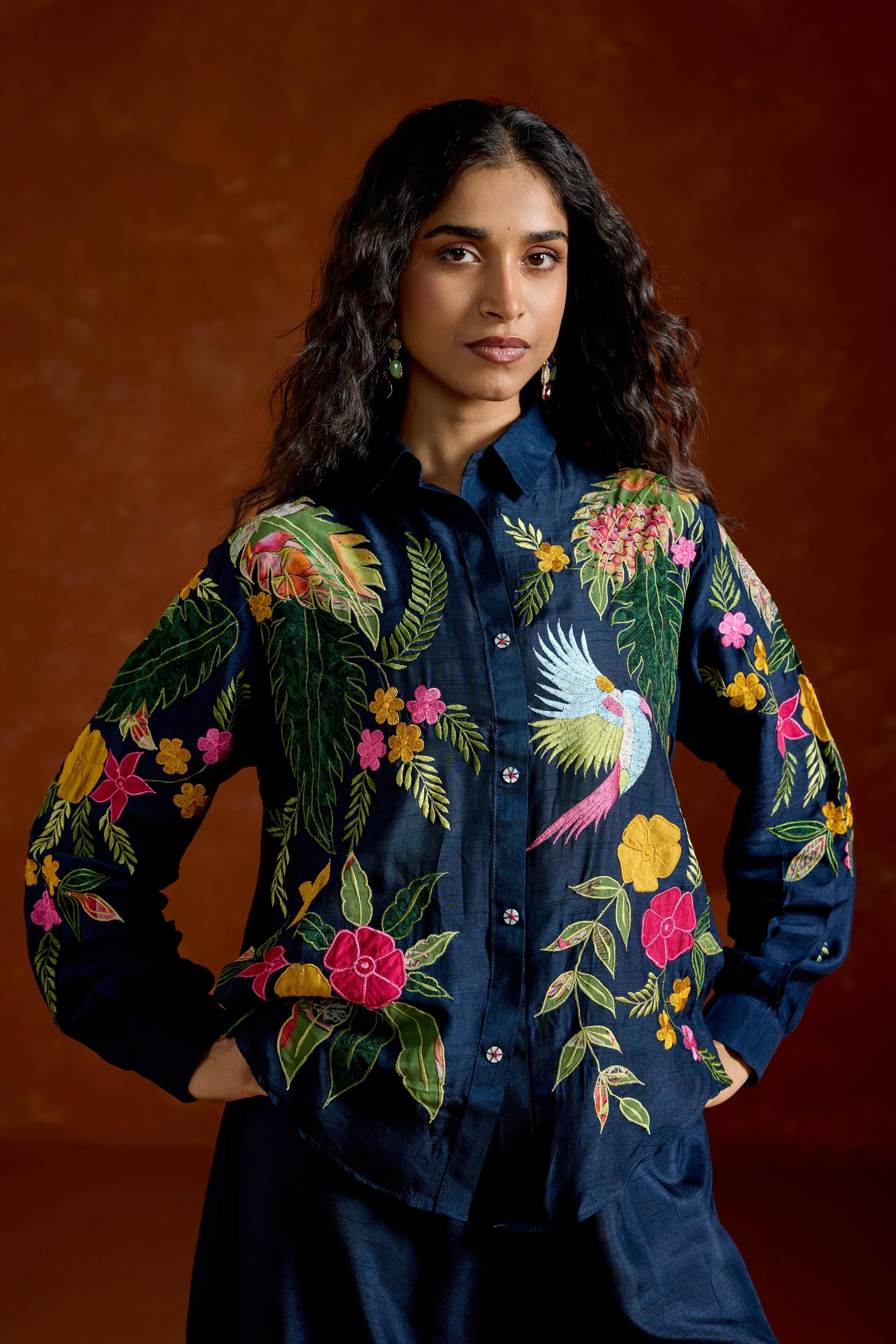 Navy Blue Embroidered Raw Silk Co-Ord Set - Image 2