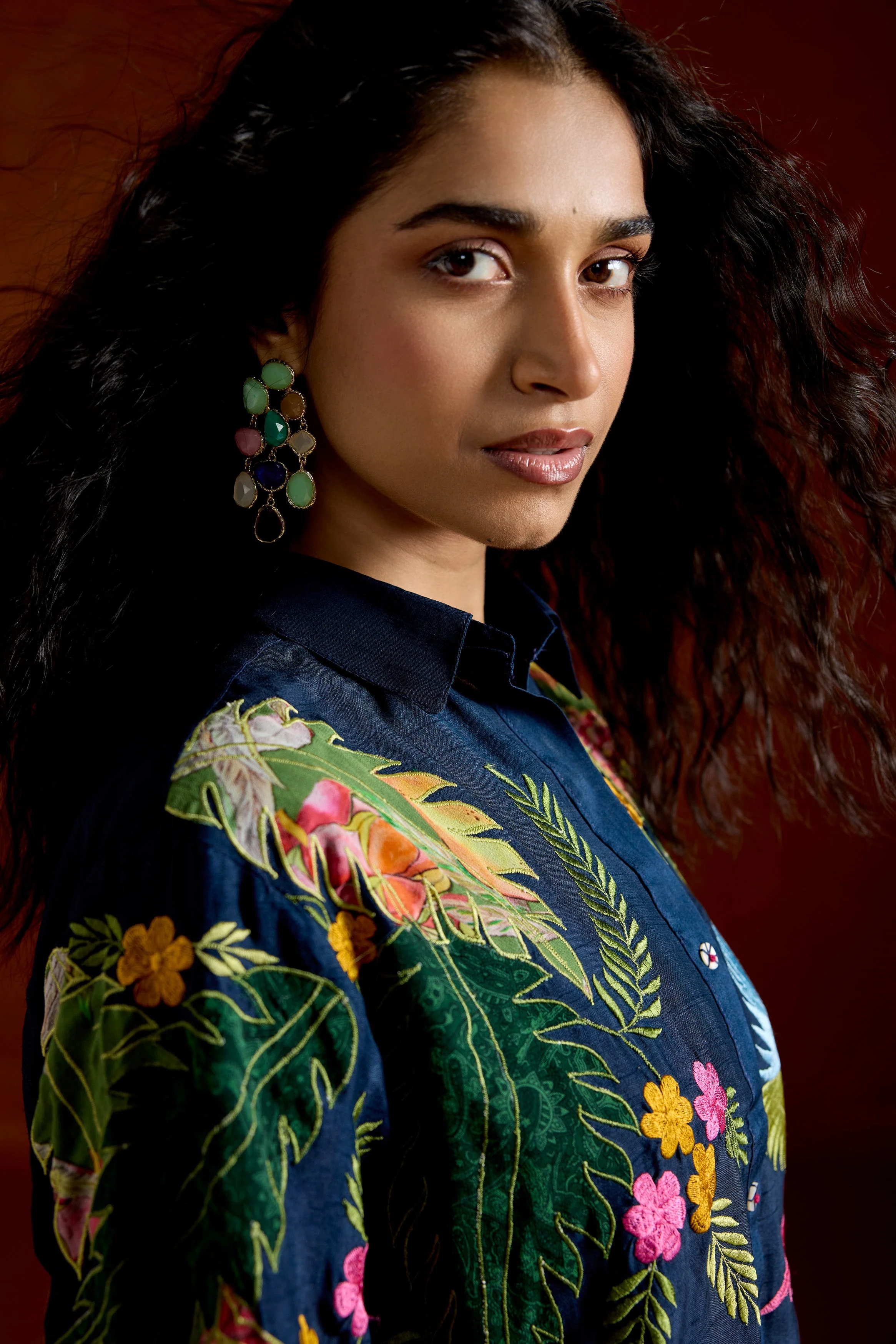 Navy Blue Embroidered Raw Silk Co-Ord Set - Image 3