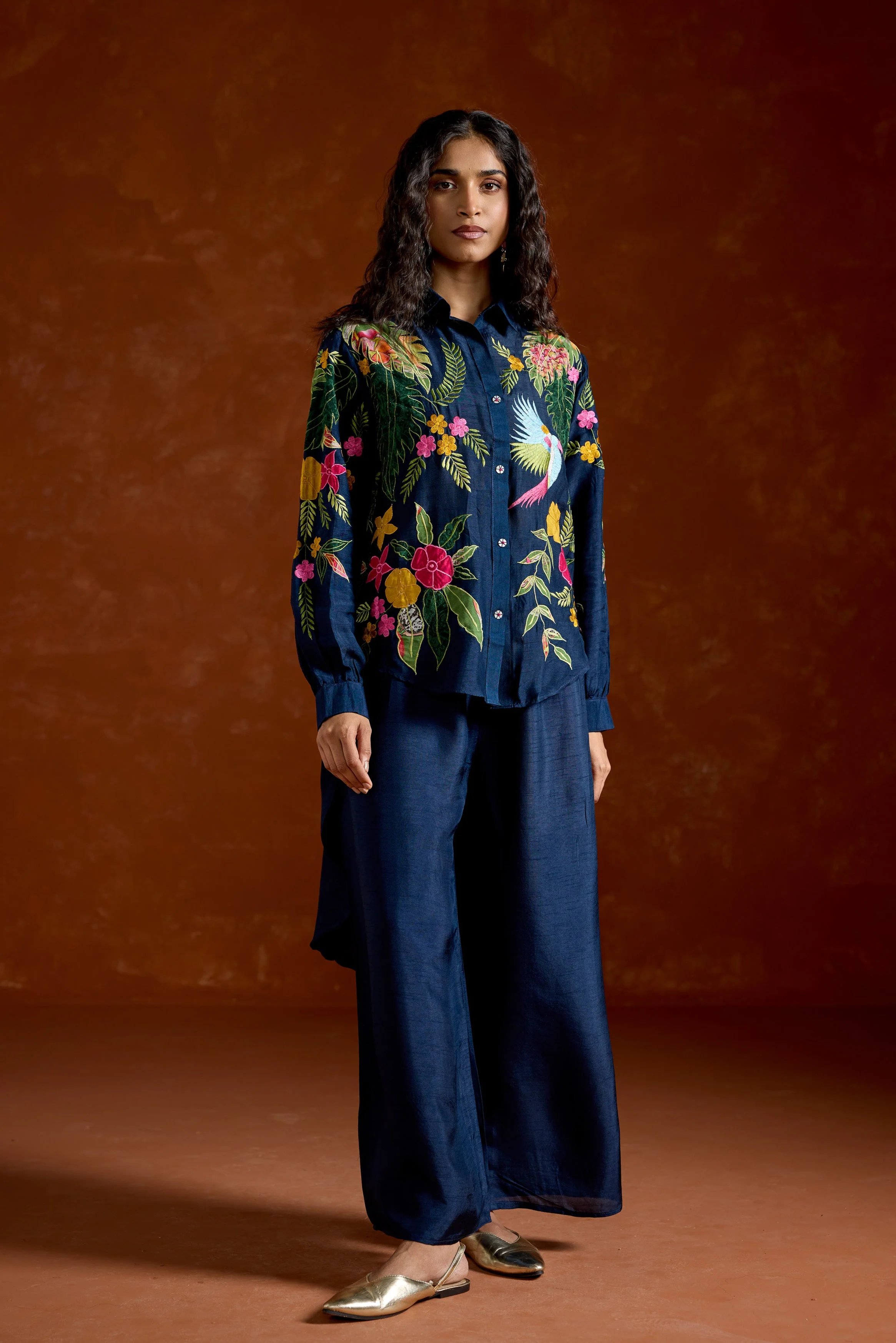 Navy Blue Embroidered Raw Silk Co-Ord Set - Image 5