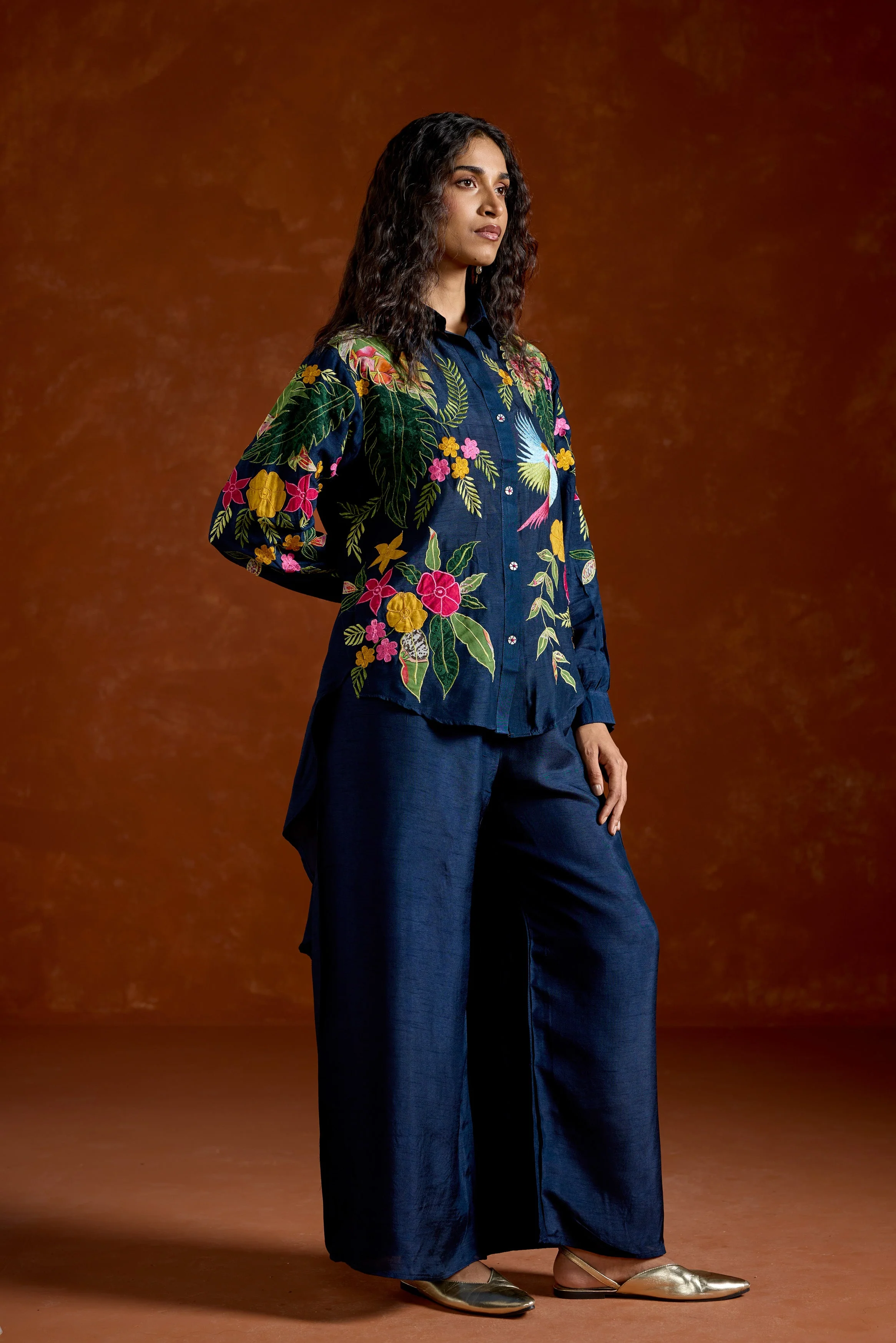 Navy Blue Embroidered Raw Silk Co-Ord Set - Image 6