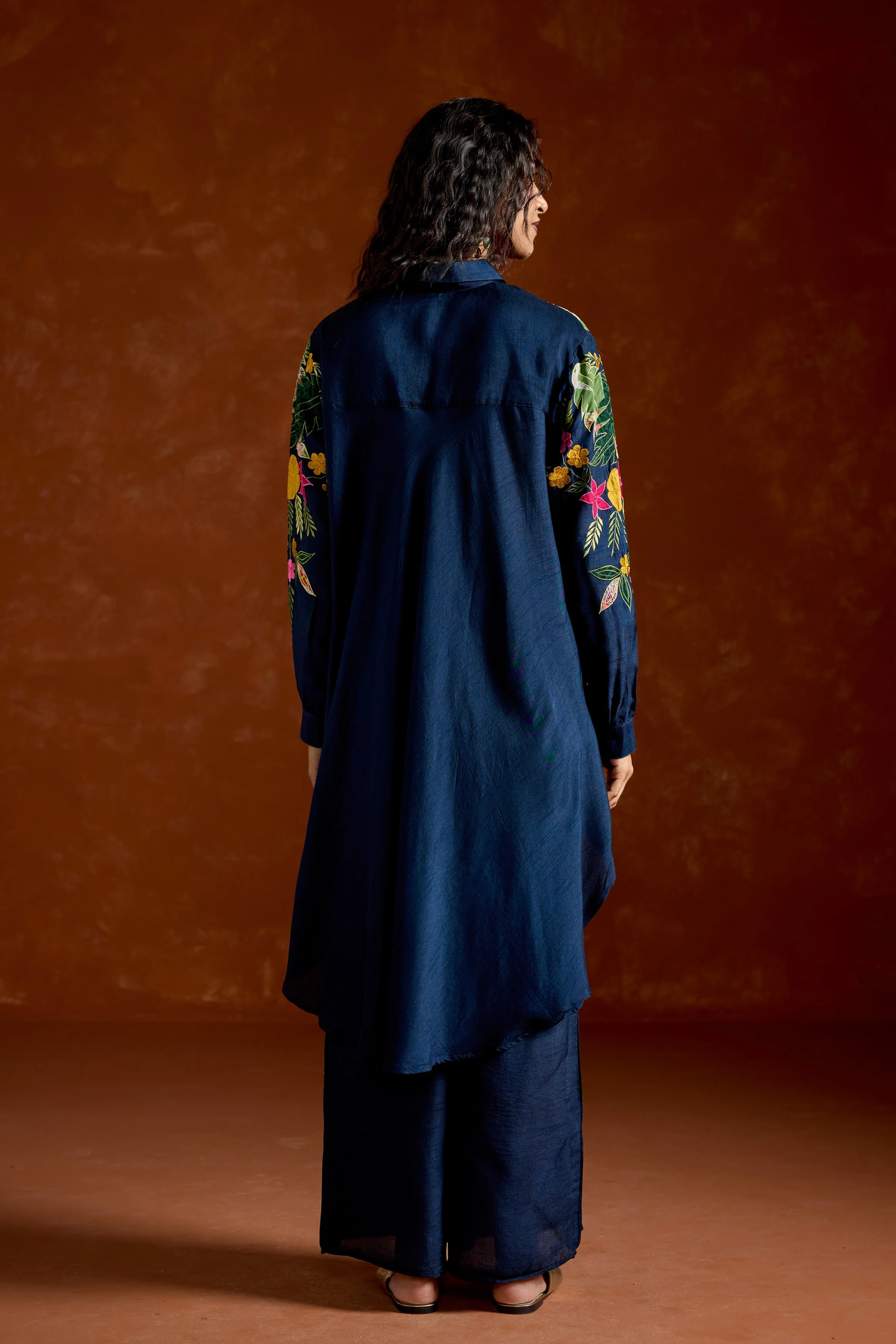 Navy Blue Embroidered Raw Silk Co-Ord Set - Image 7