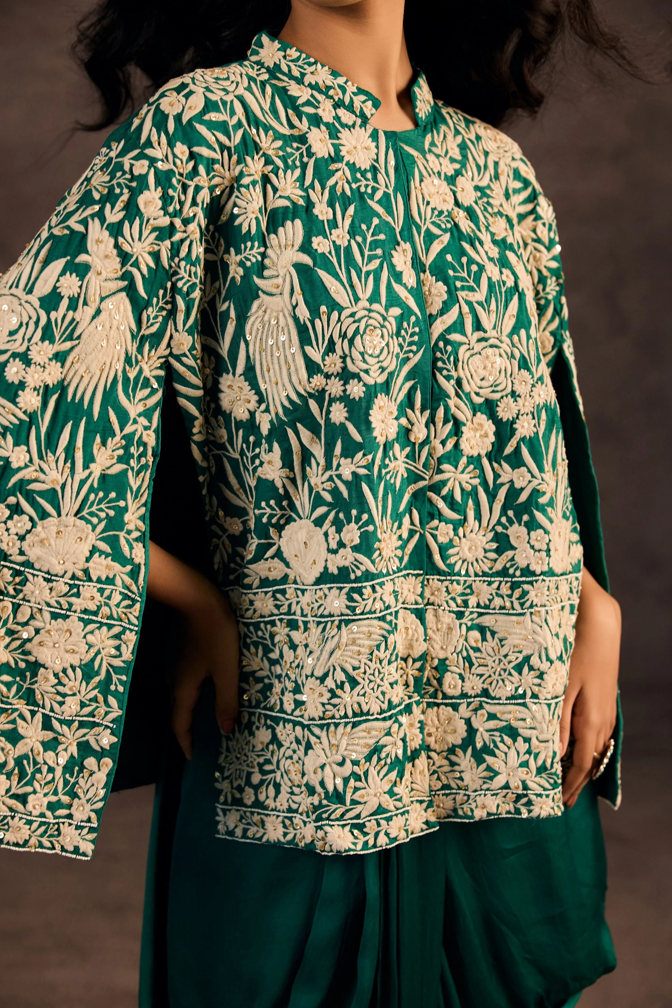Emerald Green Embroidered Satin Silk Skirt Set - Image 2