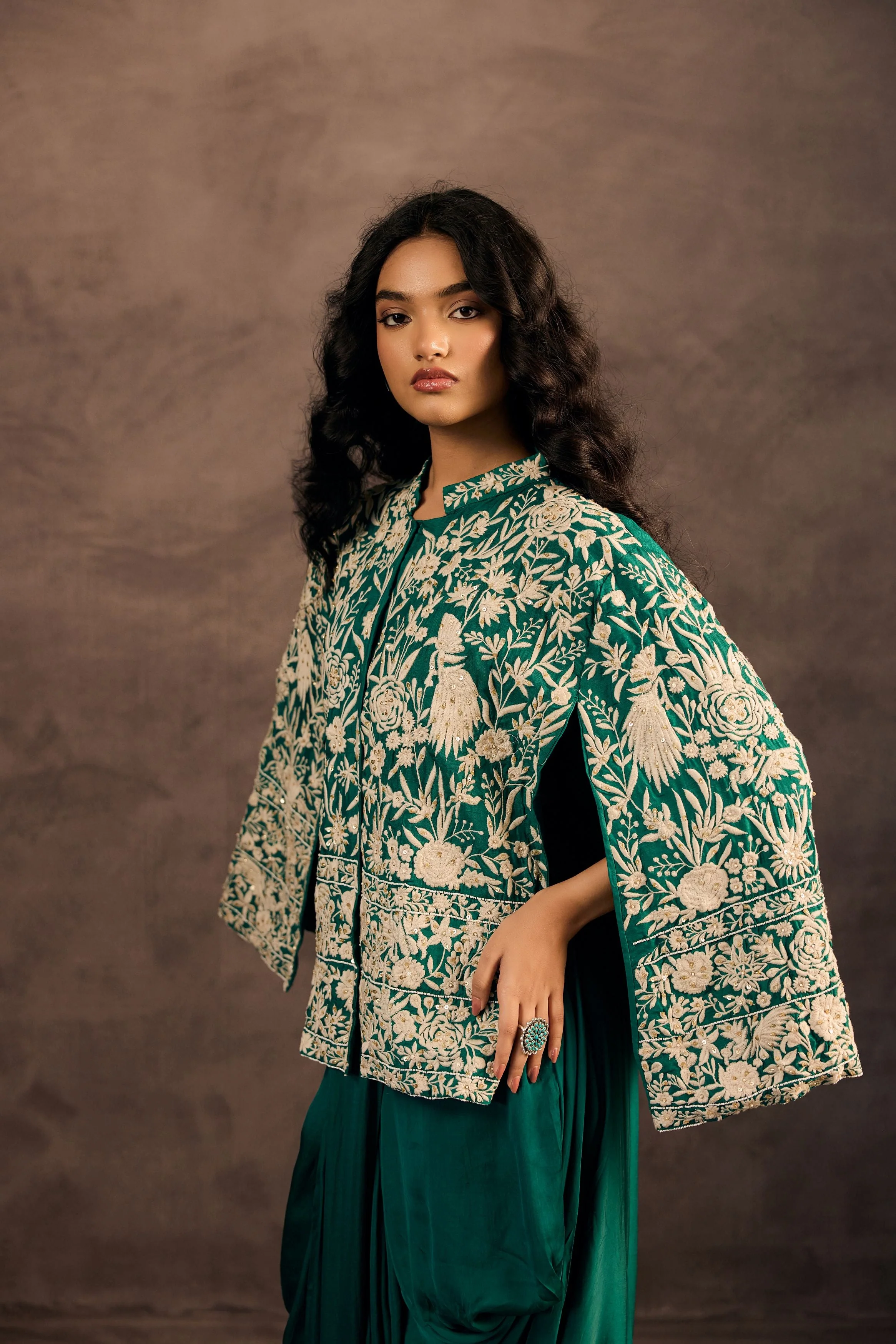 Emerald Green Embroidered Satin Silk Skirt Set - Image 3
