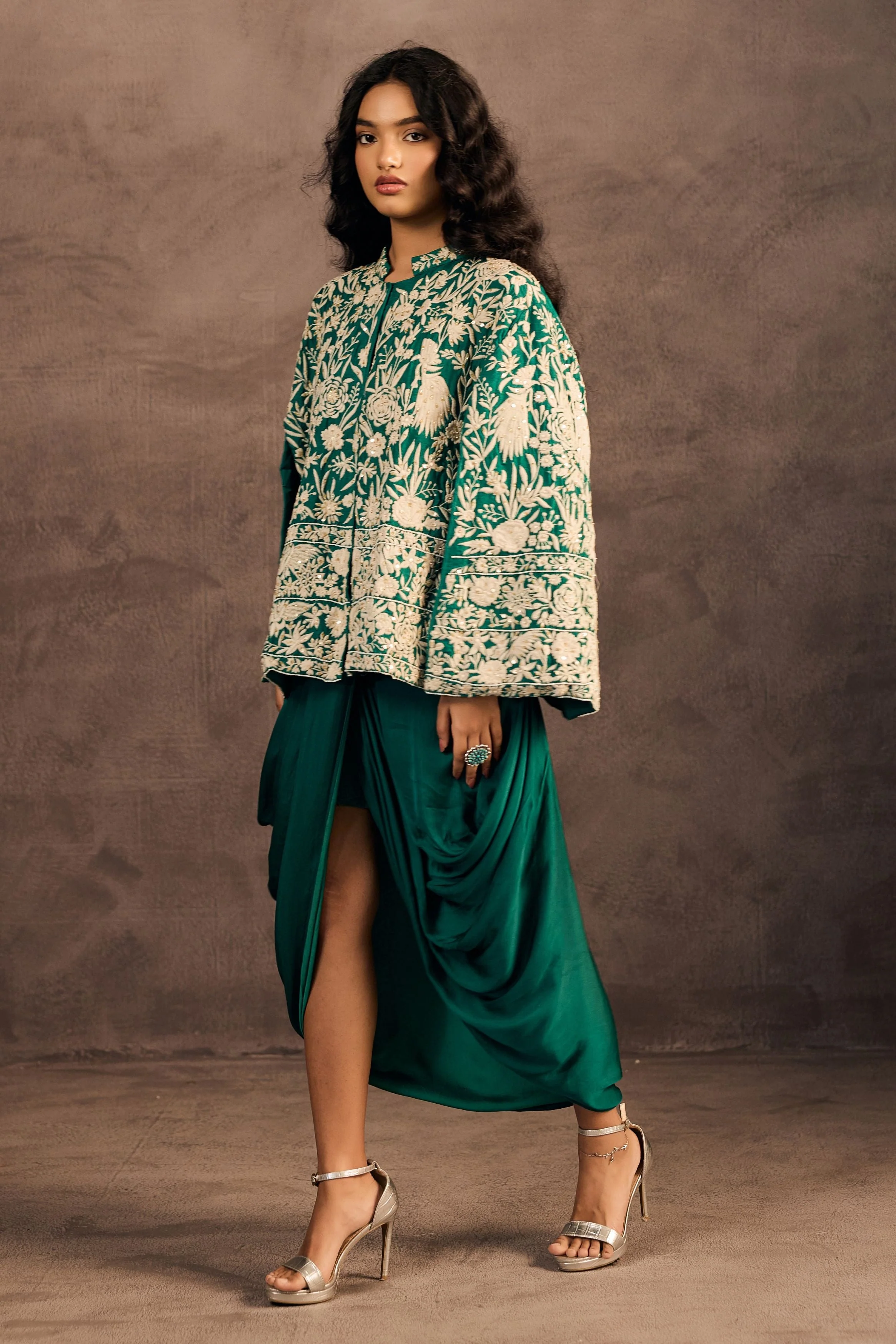 Emerald Green Embroidered Satin Silk Skirt Set - Image 4