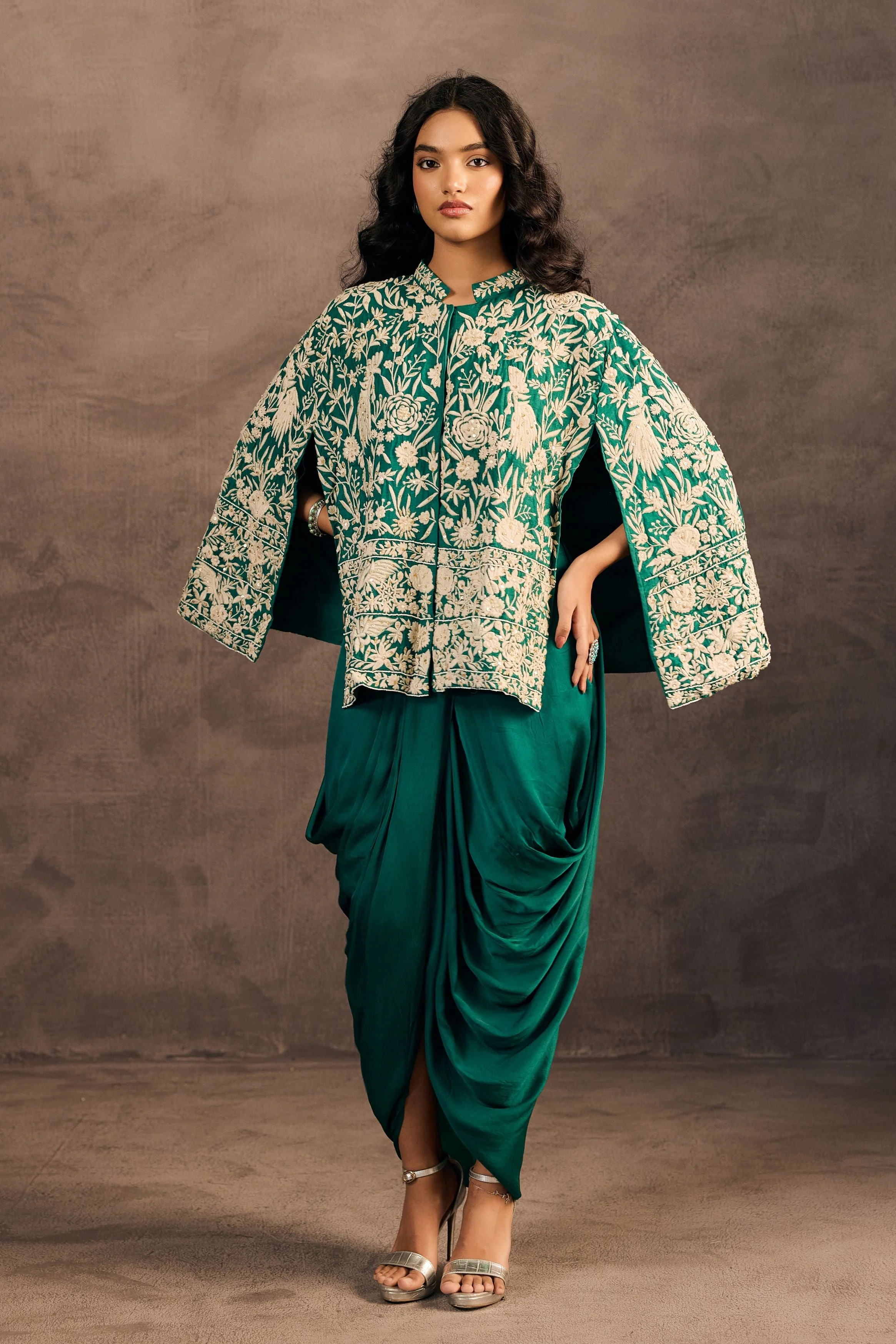 Emerald Green Embroidered Satin Silk Skirt Set - Image 5