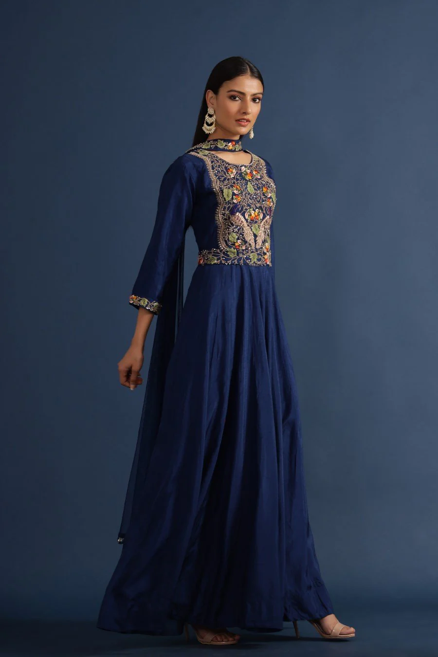 Navy Blue Kashmiri Silk Embroidered Anarkali with Dupatta - Image 3
