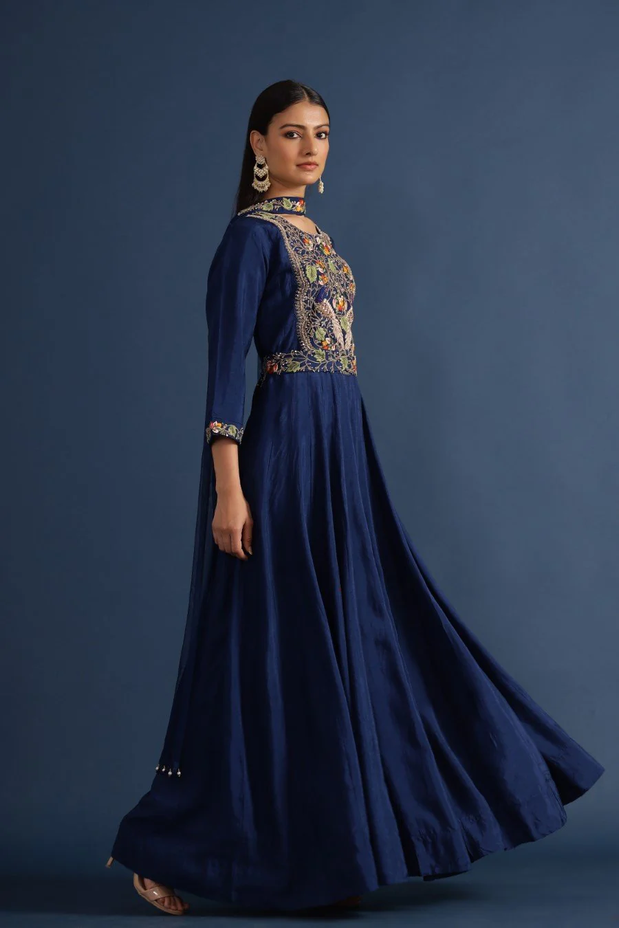 Navy Blue Kashmiri Silk Embroidered Anarkali with Dupatta - Image 4
