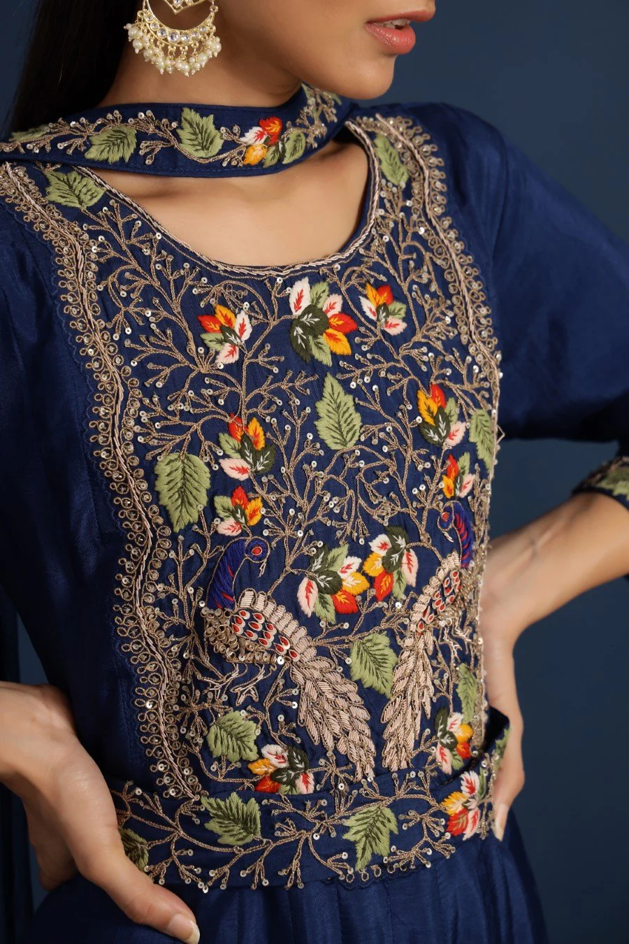 Navy Blue Kashmiri Silk Embroidered Anarkali with Dupatta - Image 5