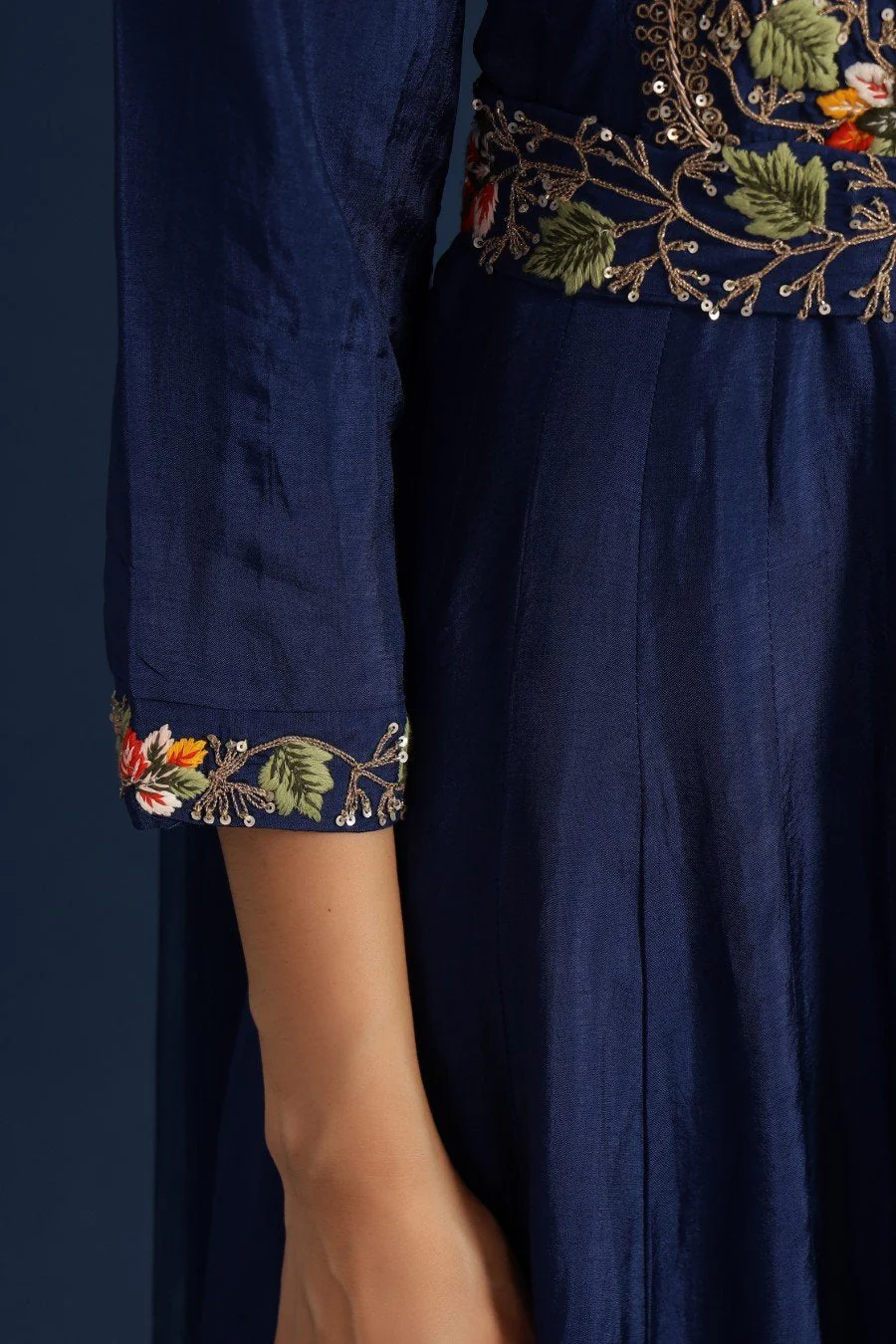 Navy Blue Kashmiri Silk Embroidered Anarkali with Dupatta - Image 6