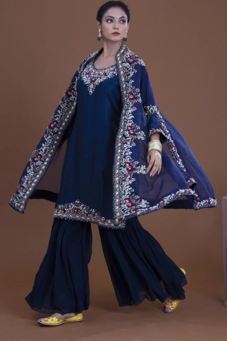 Navy Blue Kurta, Sharara And Cape Set - Image 3
