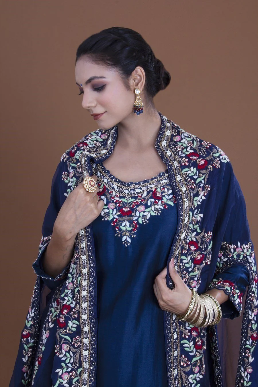 Navy Blue Kurta, Sharara And Cape Set - Image 4