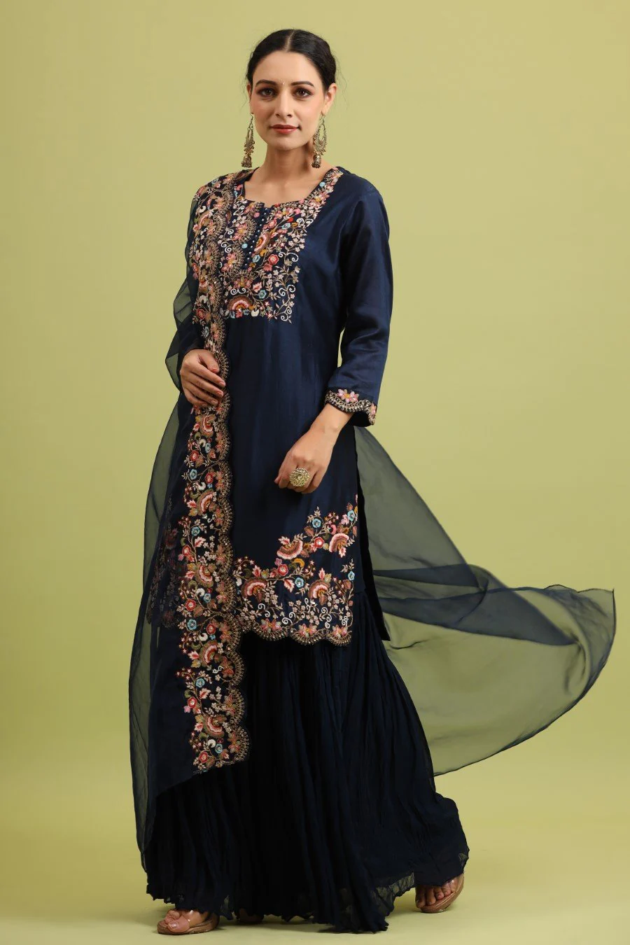 Navy Blue Modal Chanderi Embroidered Sharara Set - Image 3