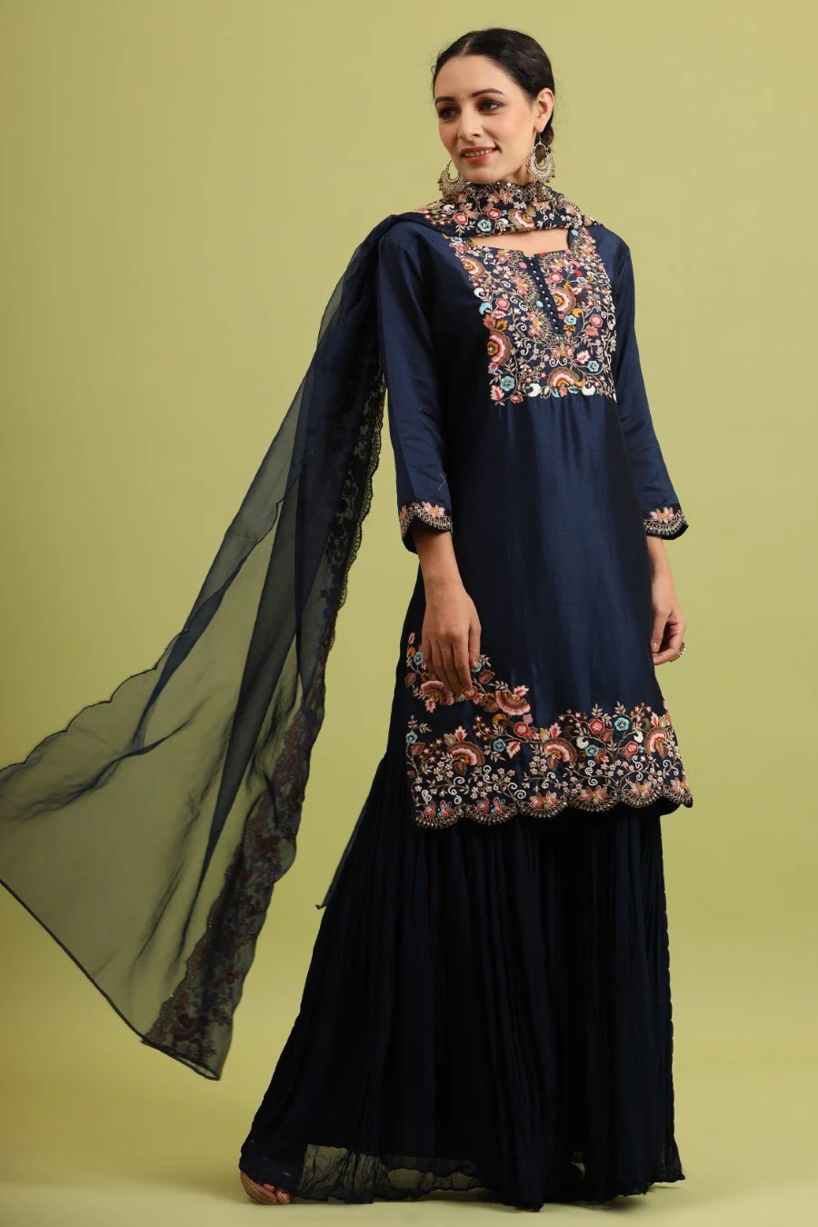 Navy Blue Modal Chanderi Embroidered Sharara Set - Image 4