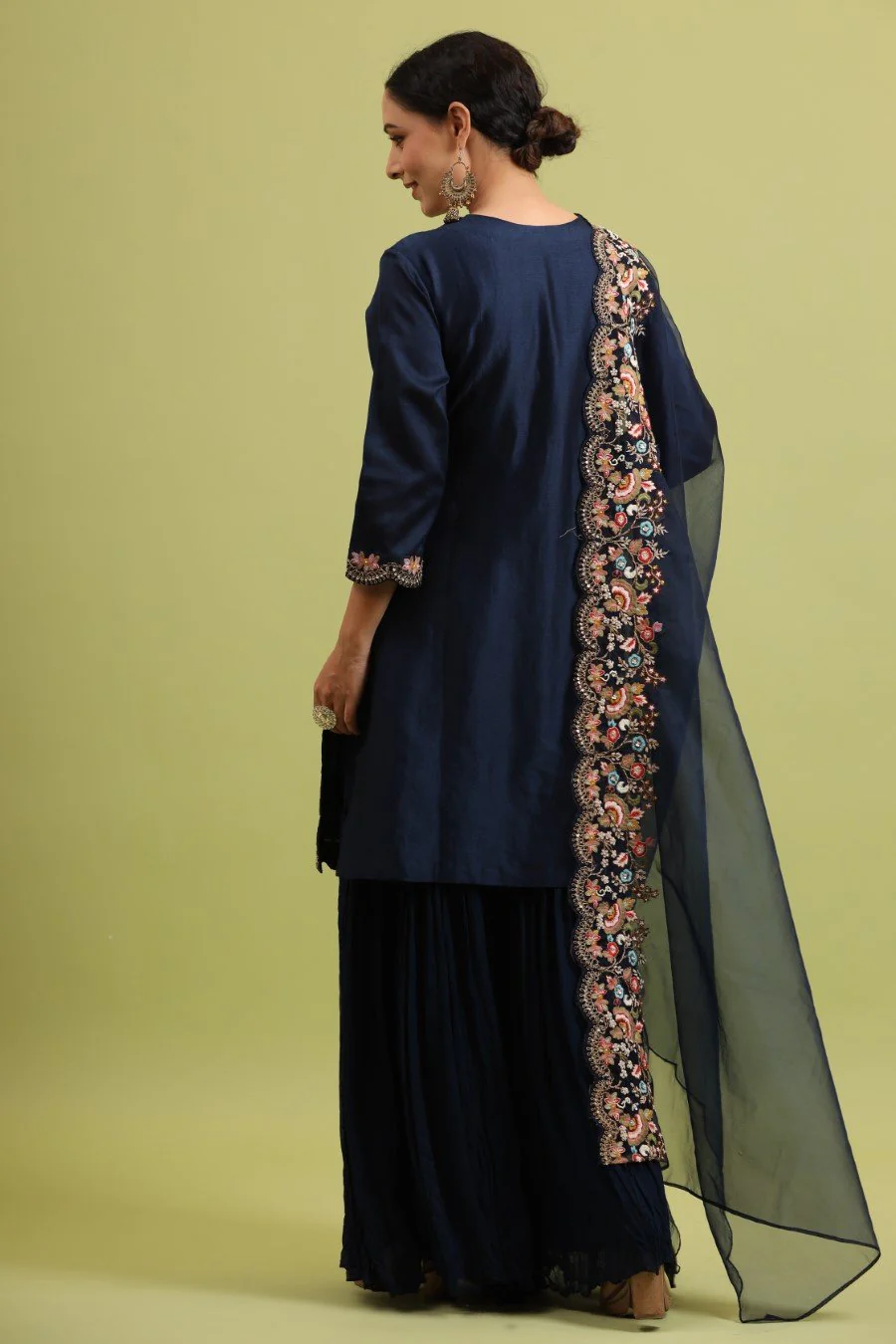 Navy Blue Modal Chanderi Embroidered Sharara Set - Image 5