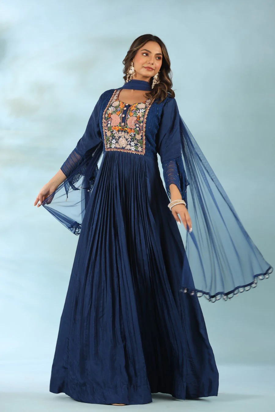 Navy Blue Modal Silk Anarkali with Dupatta - Image 3