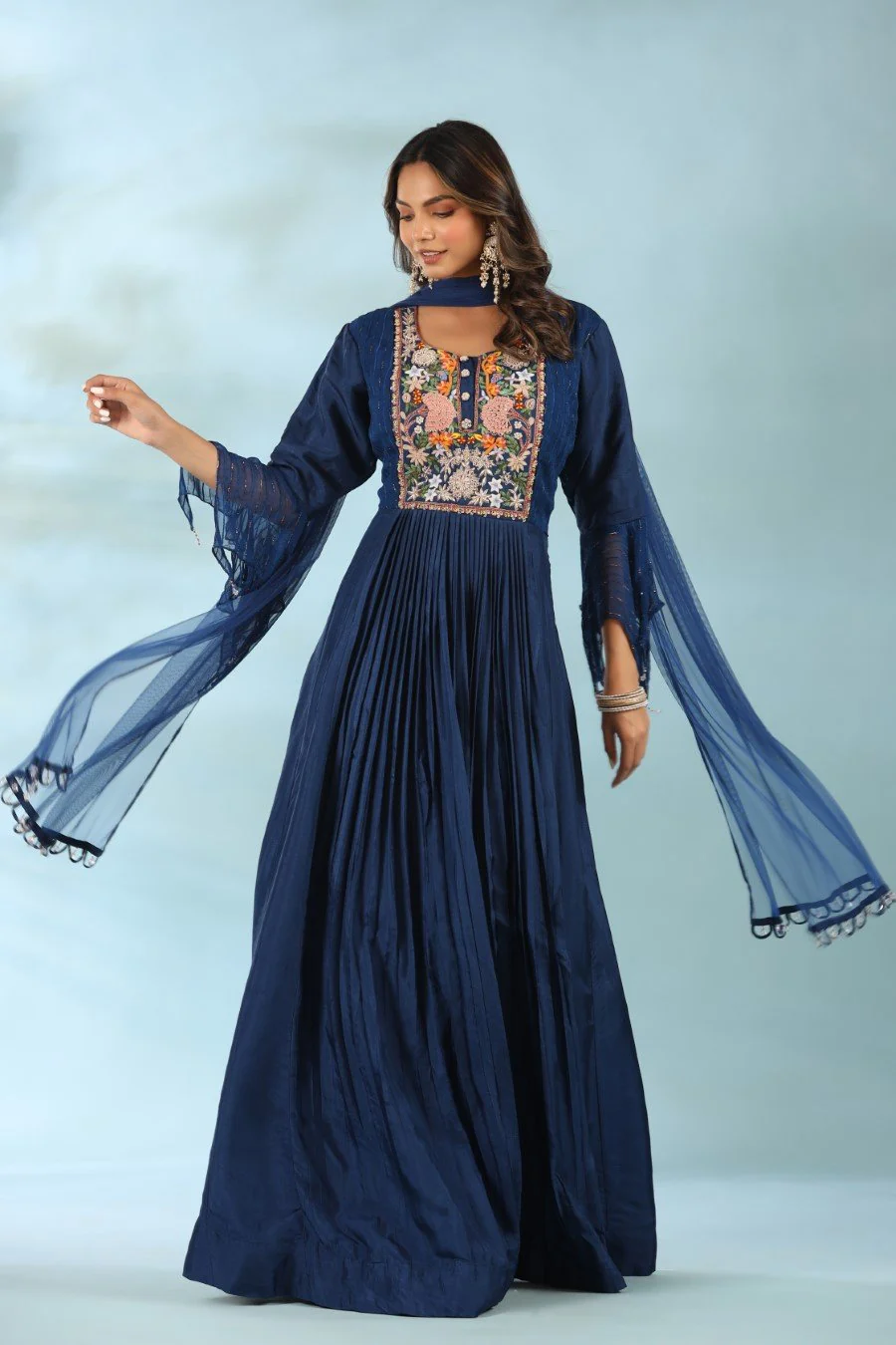 Navy Blue Modal Silk Anarkali with Dupatta - Image 4