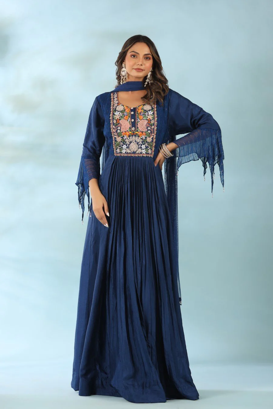 Navy Blue Modal Silk Anarkali with Dupatta - Image 6