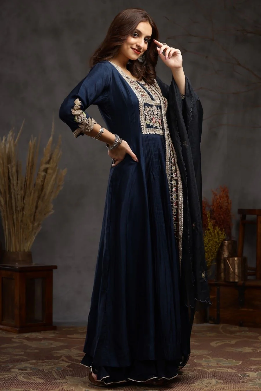 Navy blue Modal Silk Long Enkle Length Stylish Dress And Dupatta With Embroidery - Image 3