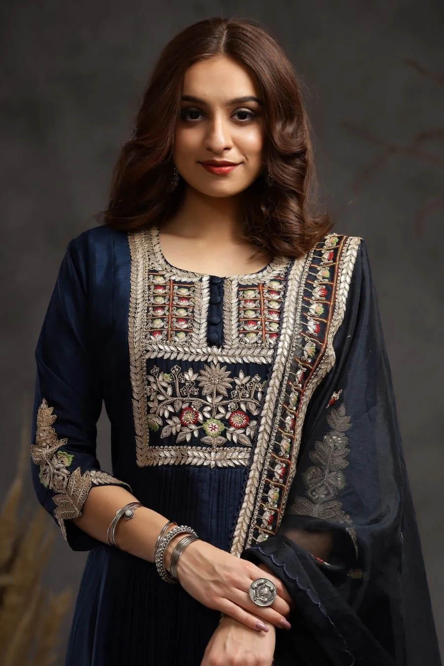 Navy blue Modal Silk Long Enkle Length Stylish Dress And Dupatta With Embroidery - Image 4