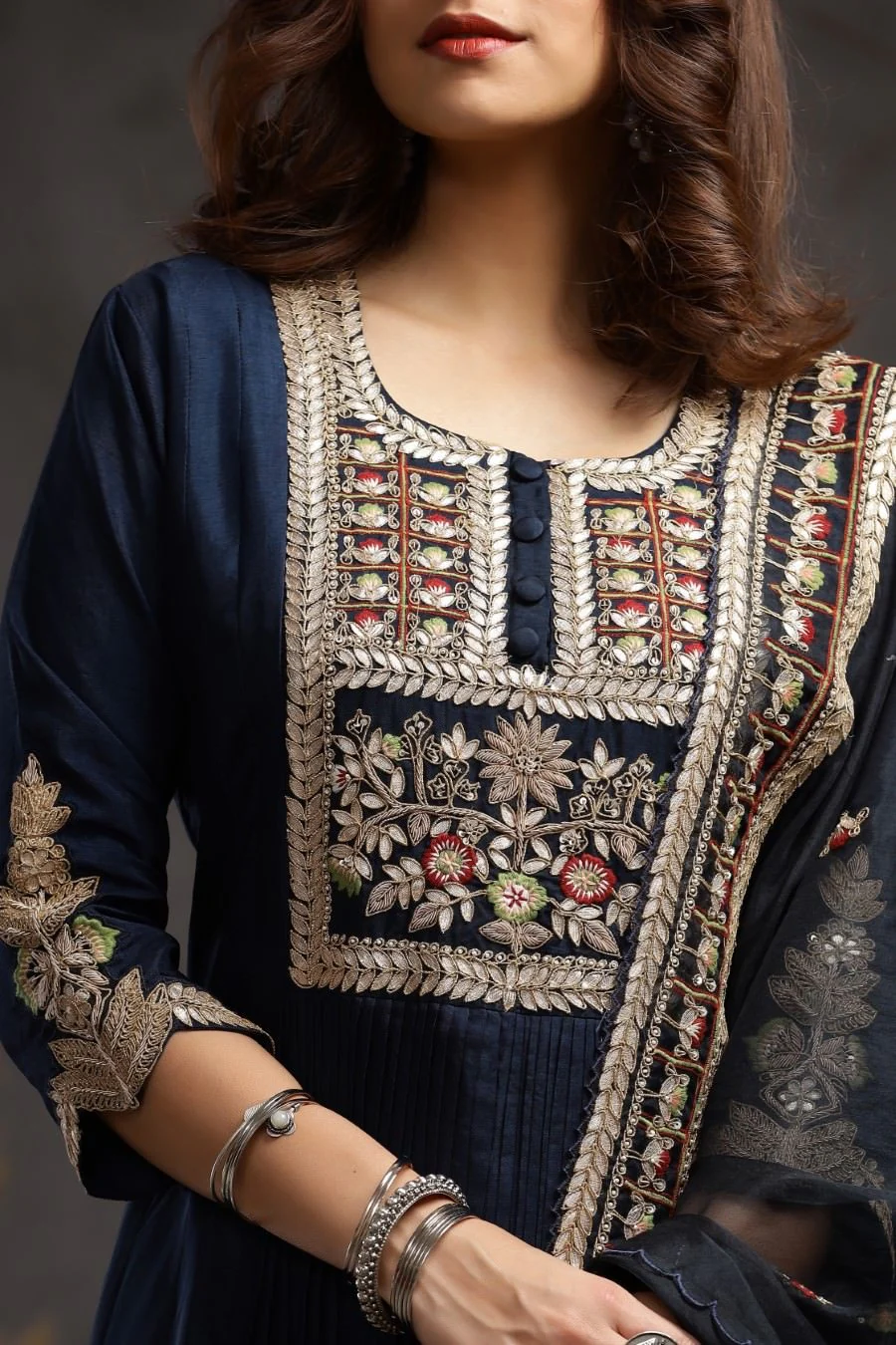Navy blue Modal Silk Long Enkle Length Stylish Dress And Dupatta With Embroidery - Image 5